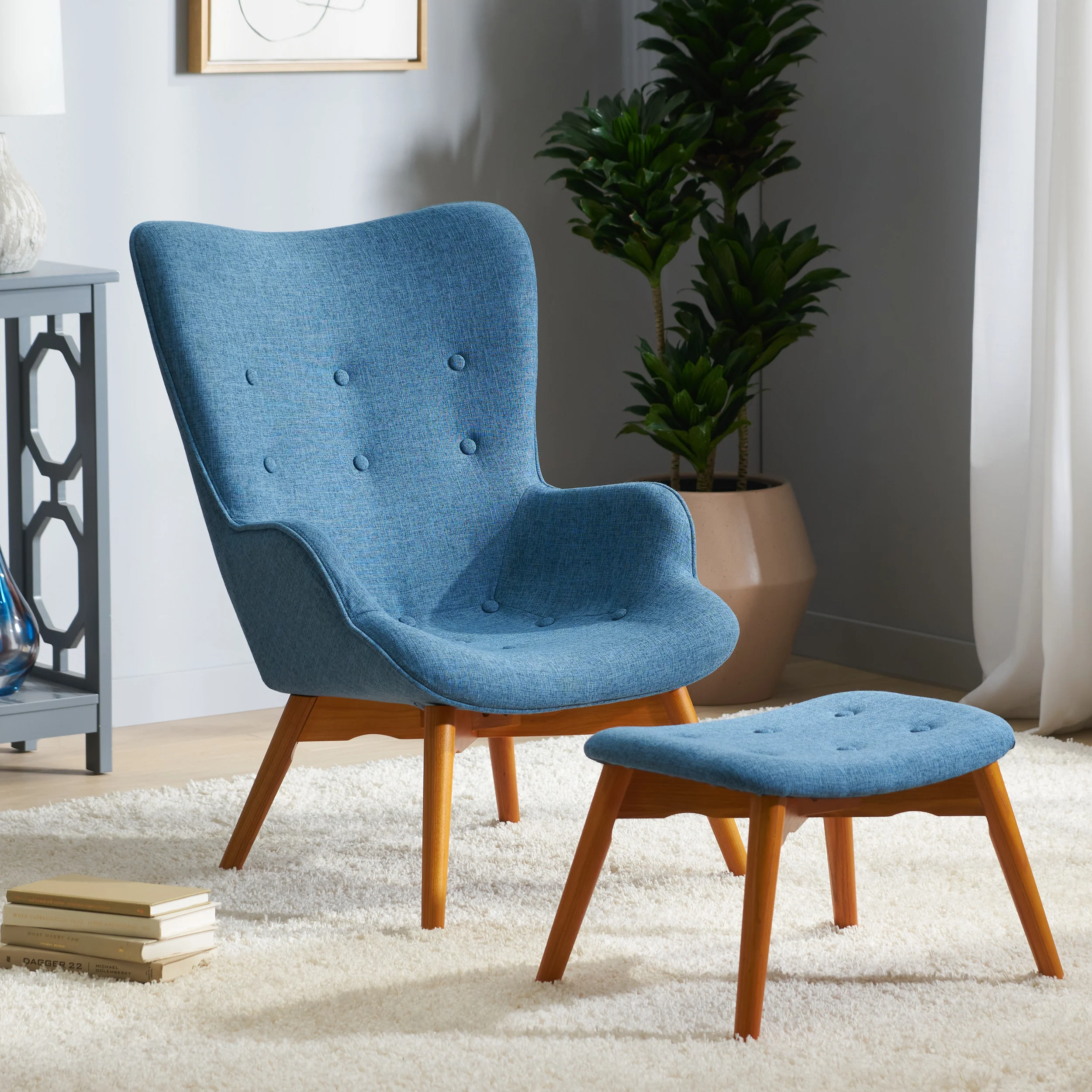 Acantha Mid-Century Modern Wingback Fabric Chair and Ottoman Set - furnishings