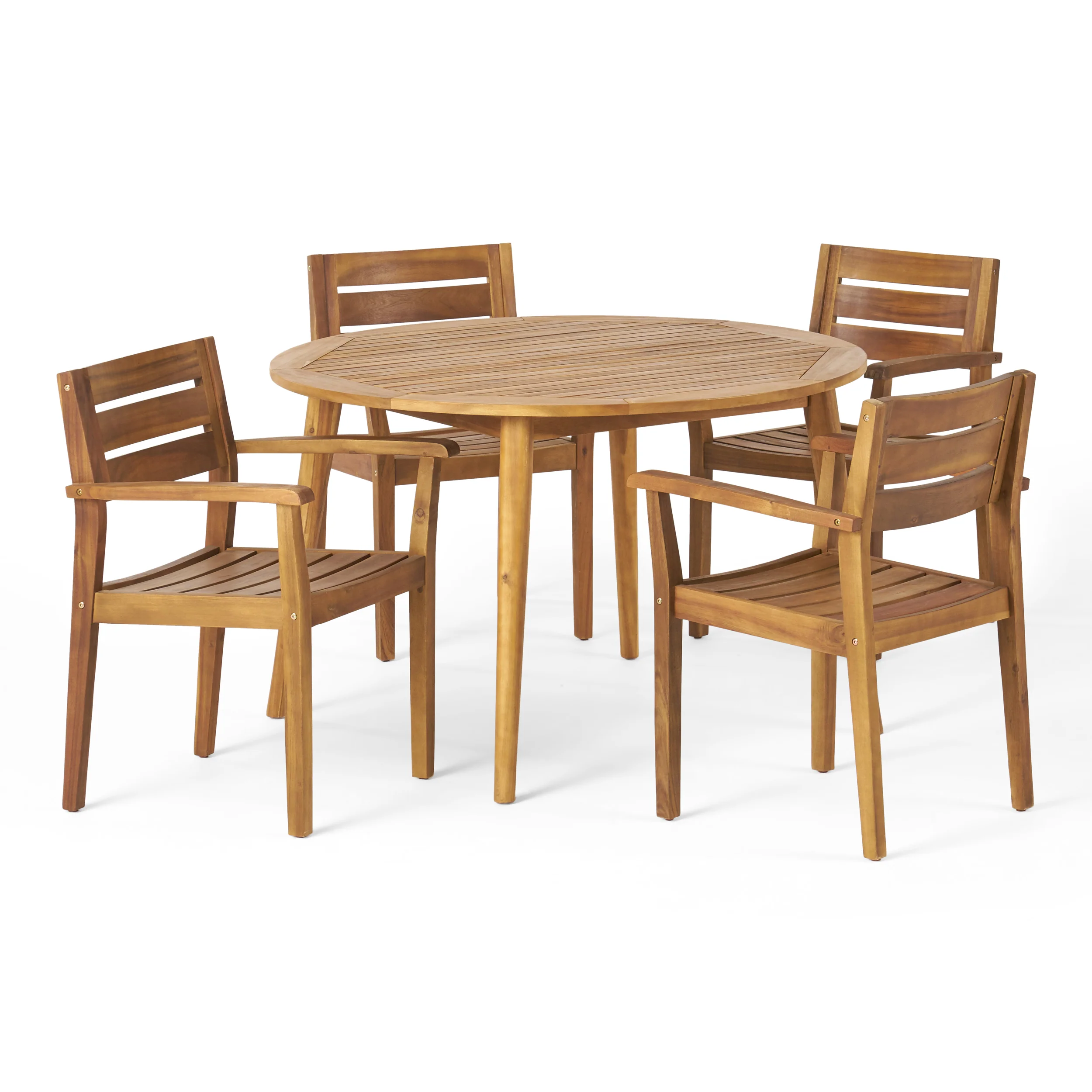 Keth Outdoor 5 Piece Teak Acacia Wood Slatted Dining Set with Circular Table - furnishings