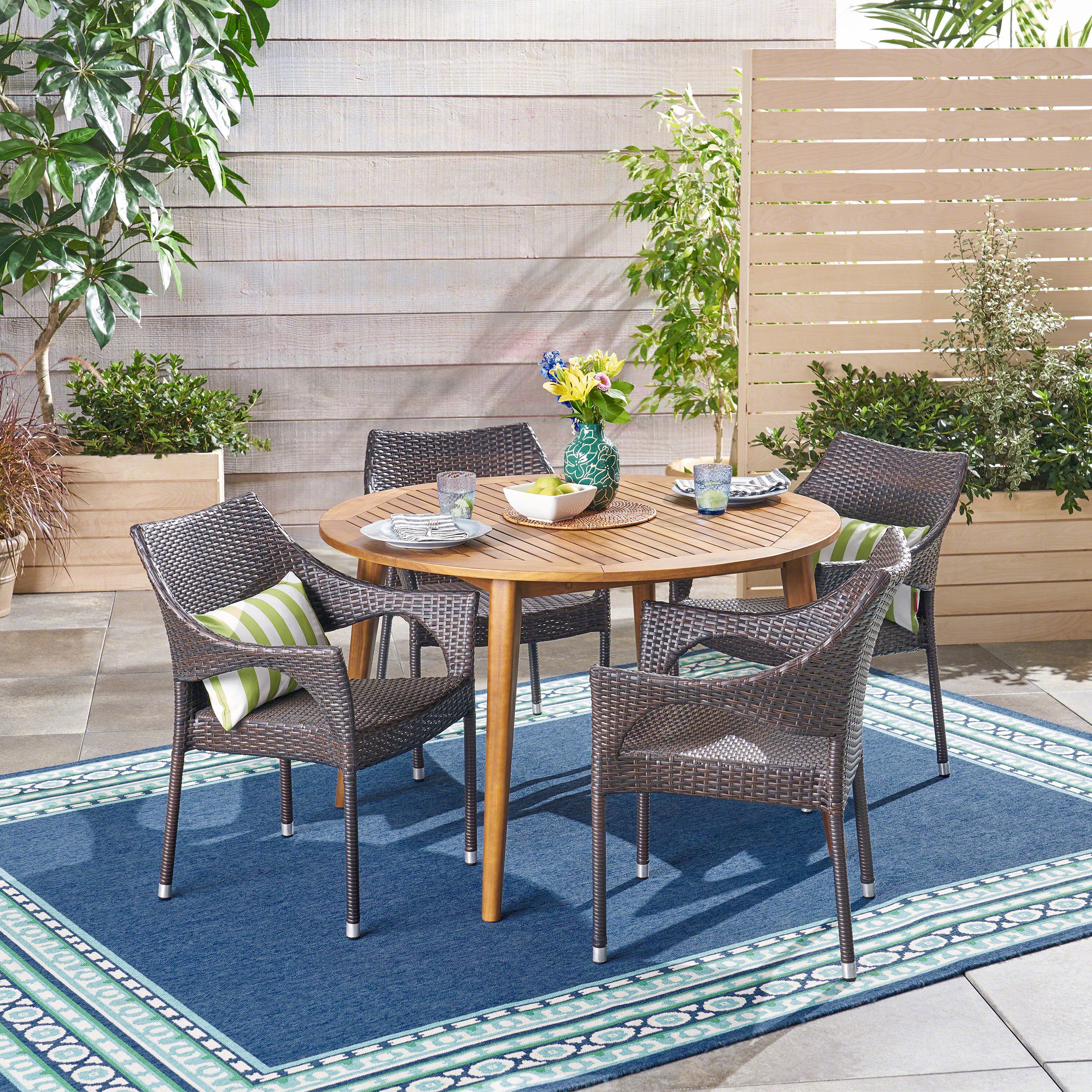 Nix Outdoor 5 Piece Wicker Dining Set with Round Acacia Wood Slat Top Table - furnishings
