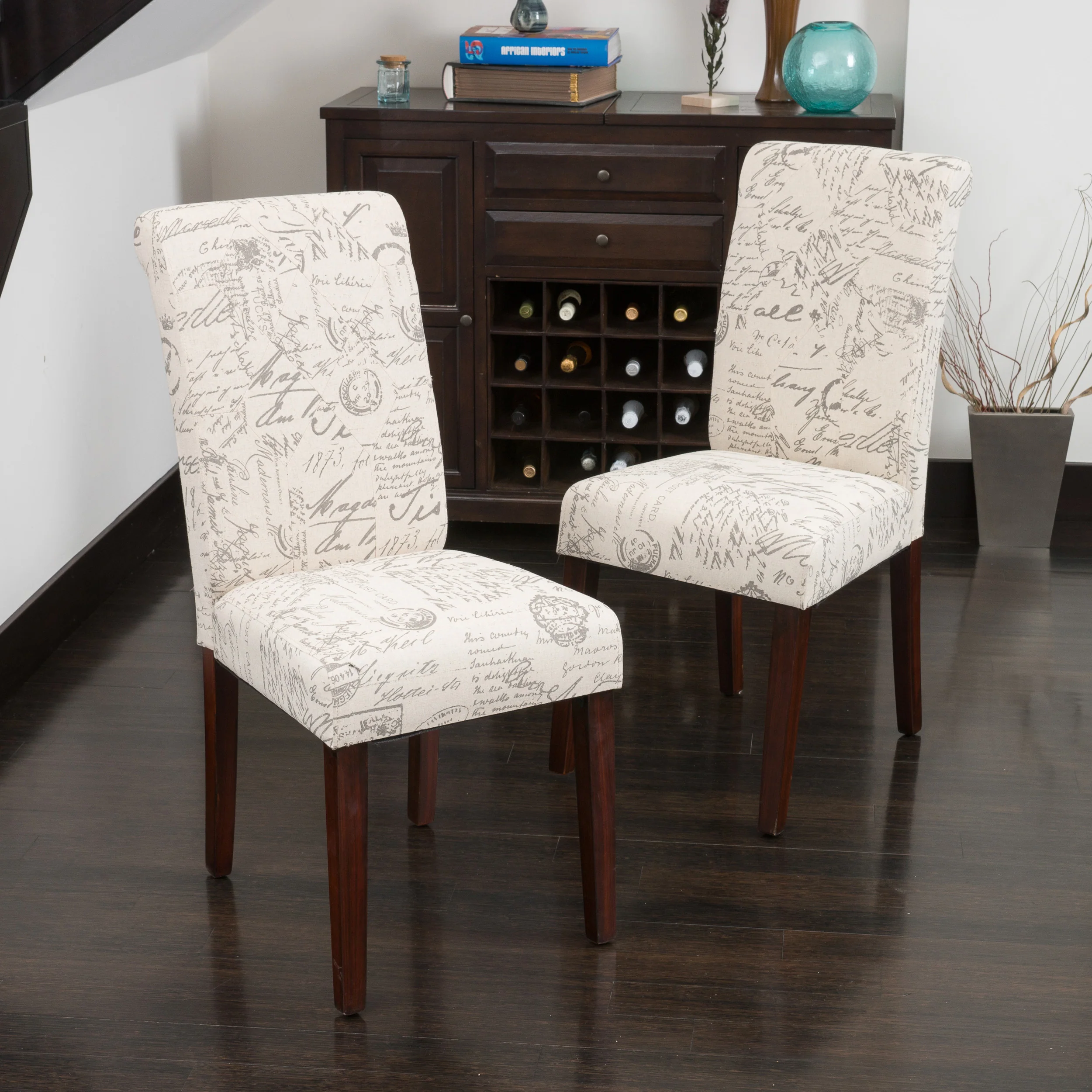Cosette Script Printed Beige Linen Dining Chairs (Set of 2) - furnishings