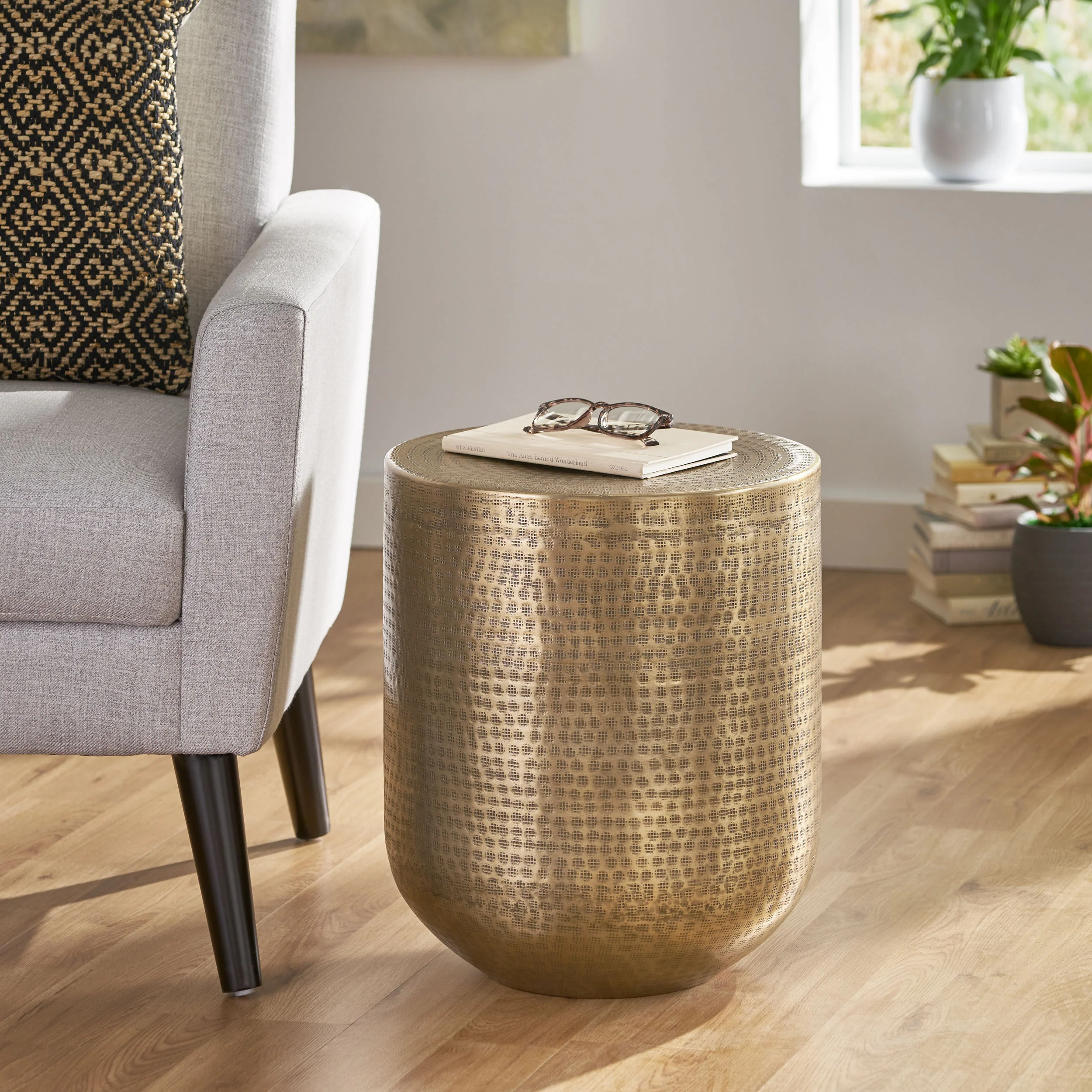 Weichman Handcrafted Boho Aluminum Drum Side Table, Aged Brass - furnishings