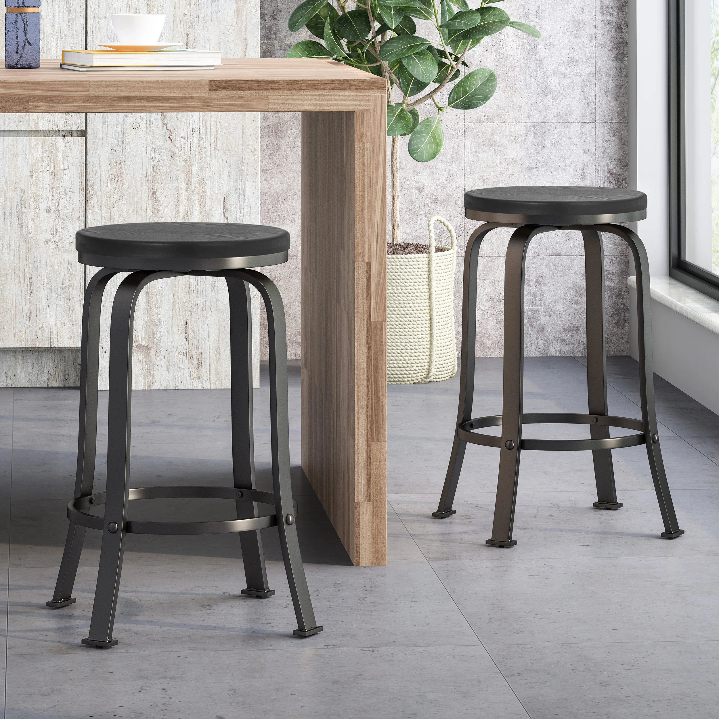 Cassum Modern Industrial Swiveling Counter Stool (Set of 2) - furnishings