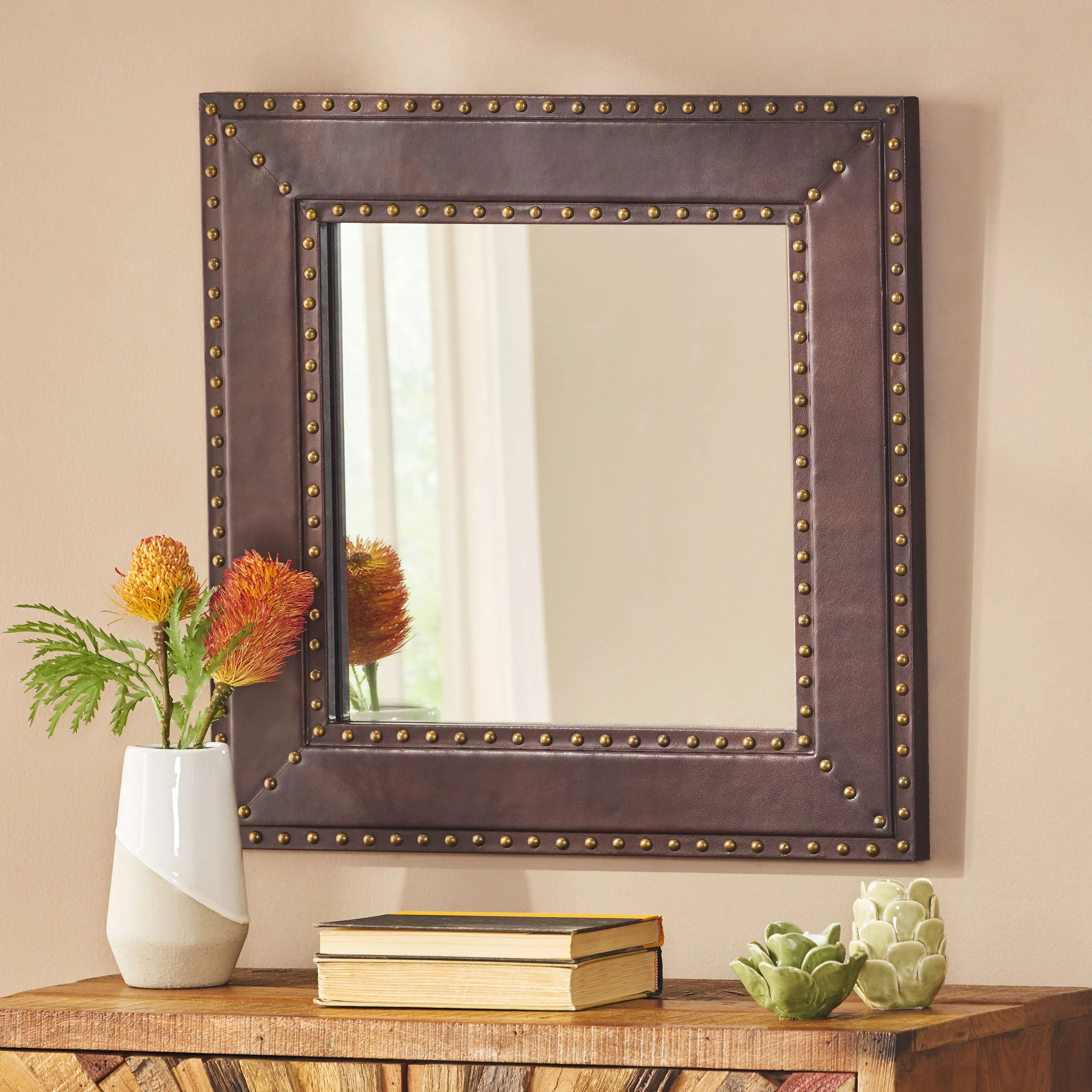 Dodds Handcrafted Boho Studded Leather Square Wall Mirror - furnishings