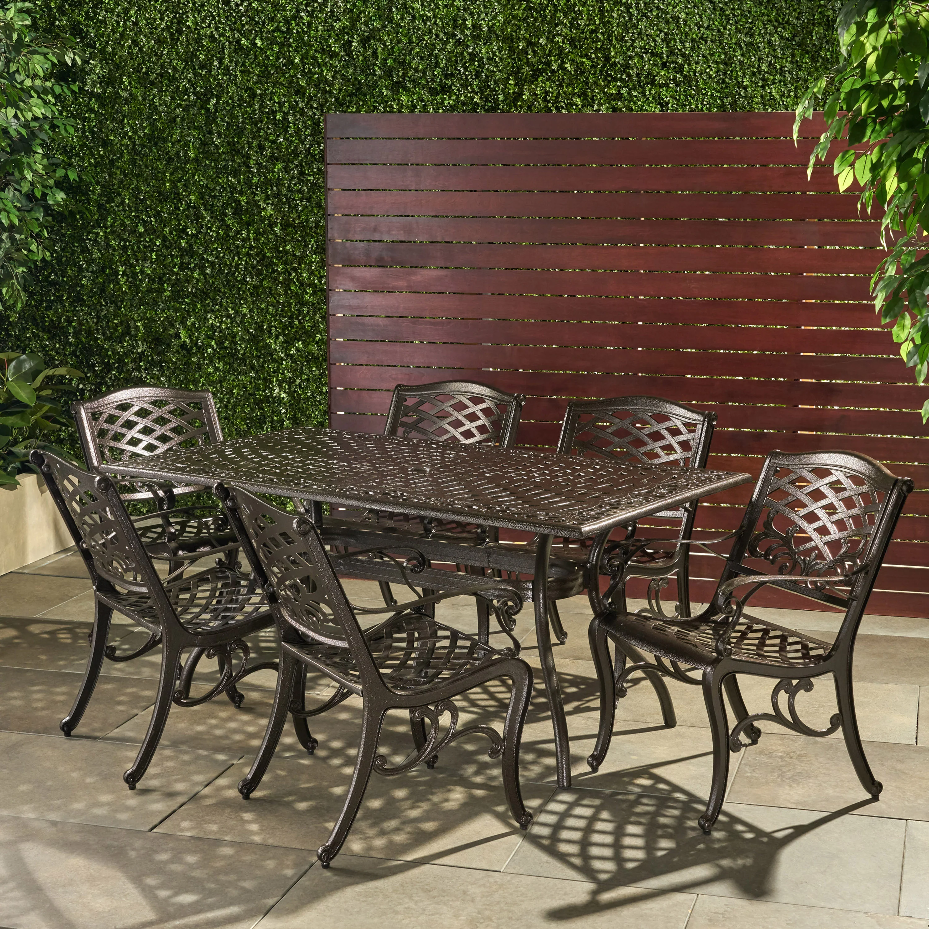 Odena Outdoor 7-piece Cast Aluminum Rectangle Bronze Dining Set - furnishings