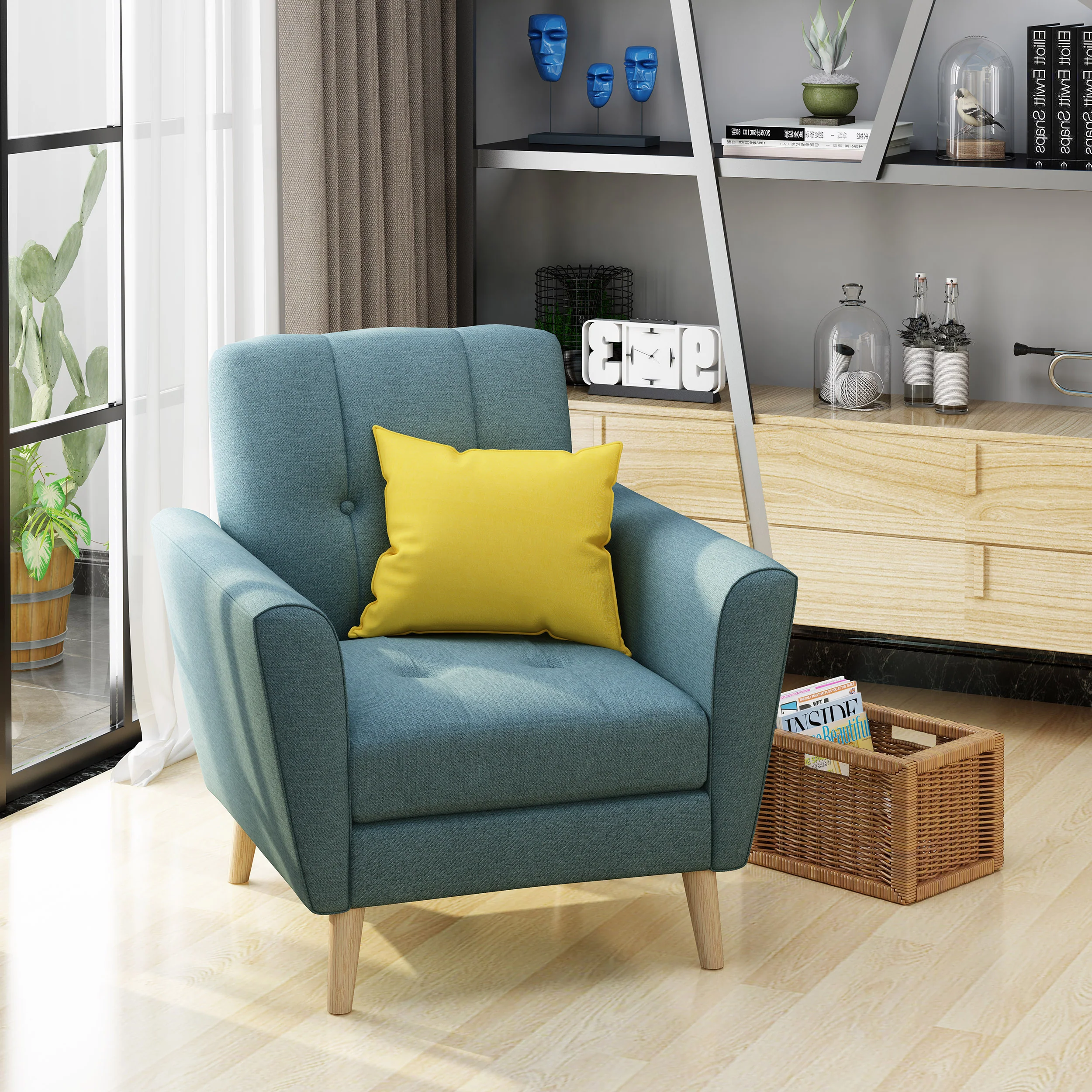 Angelica Mid Century Button Tufted Fabric Club Chair with Channel Stitching - furnishings