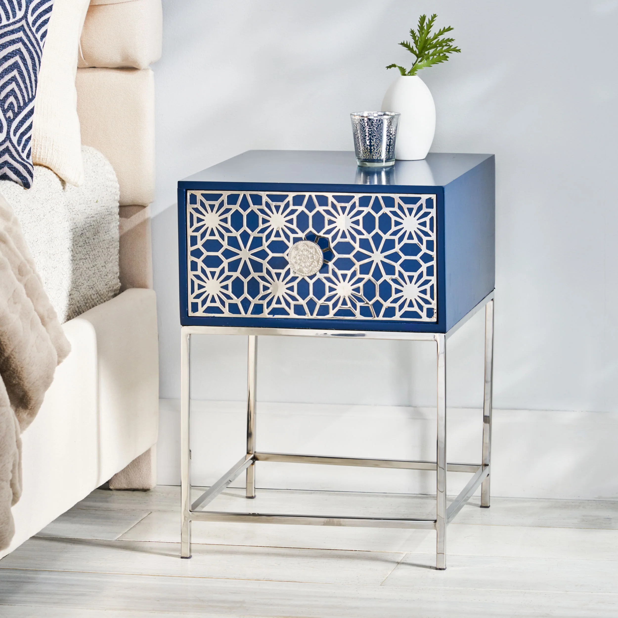 Morella Modern Glam Handcrafted Moroccan Mesh Nightstand, Navy Blue and Nickel - furnishings