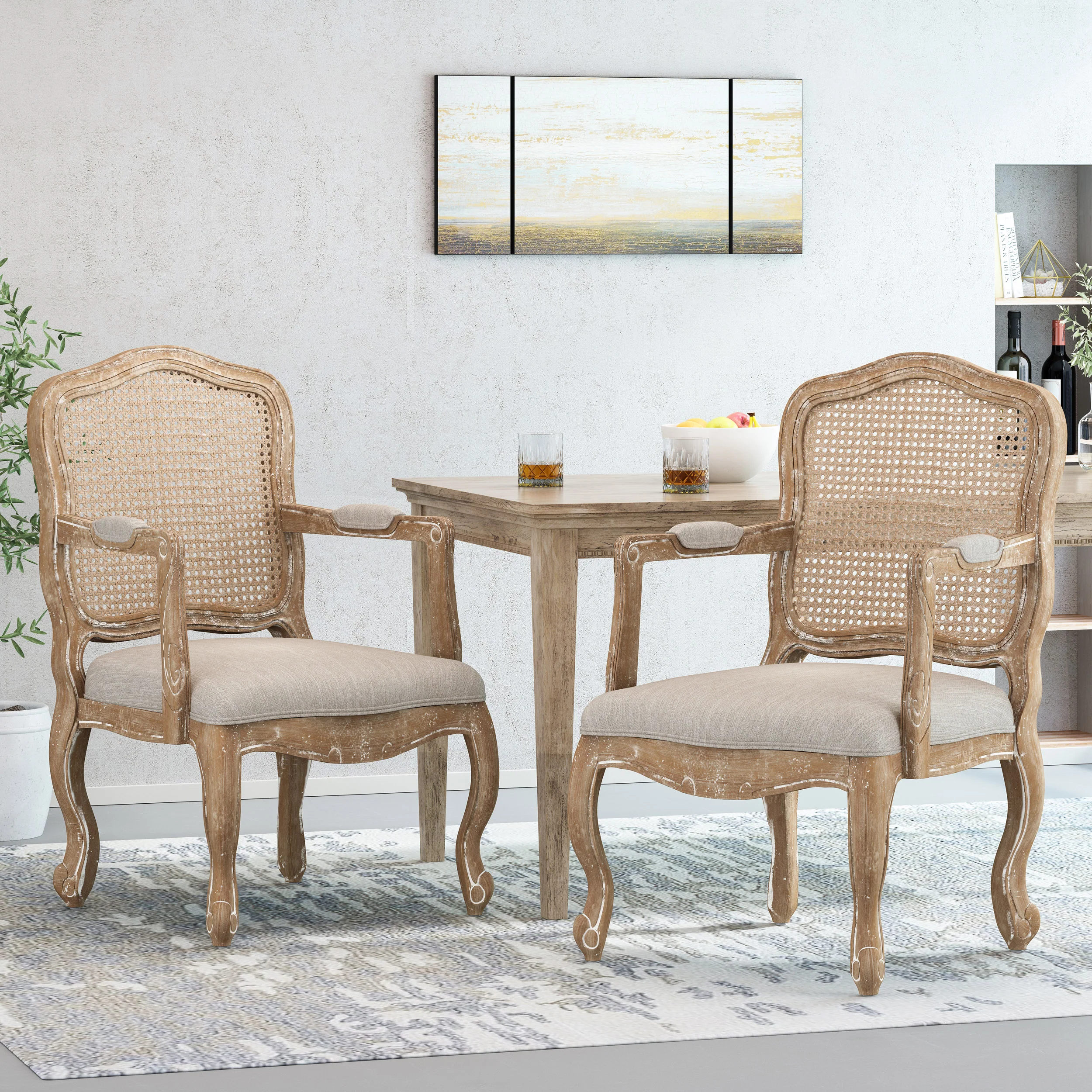 Biorn French Country Wood and Cane Upholstered Dining Armchair - furnishings