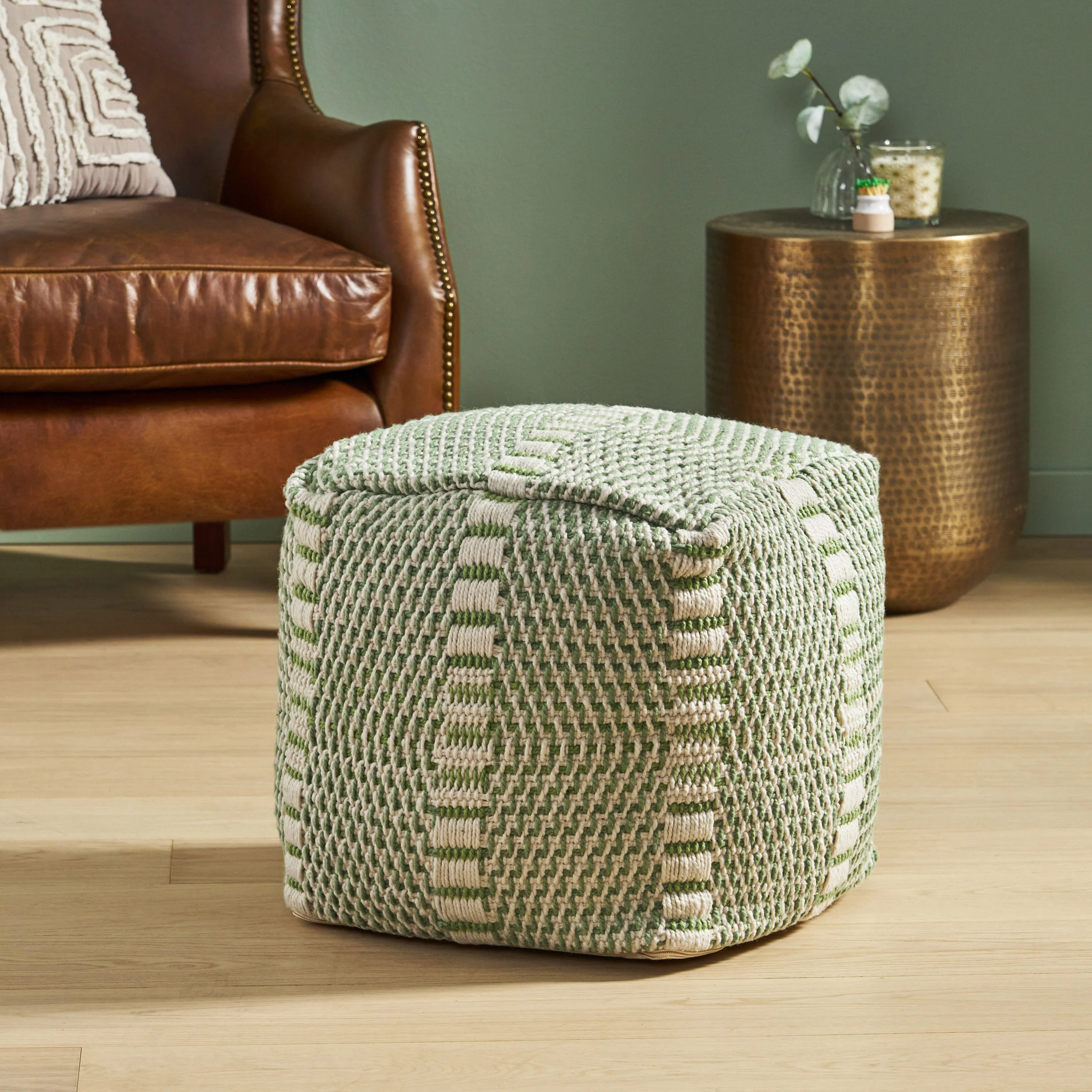 Dexter Indoor Handcrafted Boho Water Resistant Cube Pouf - furnishings