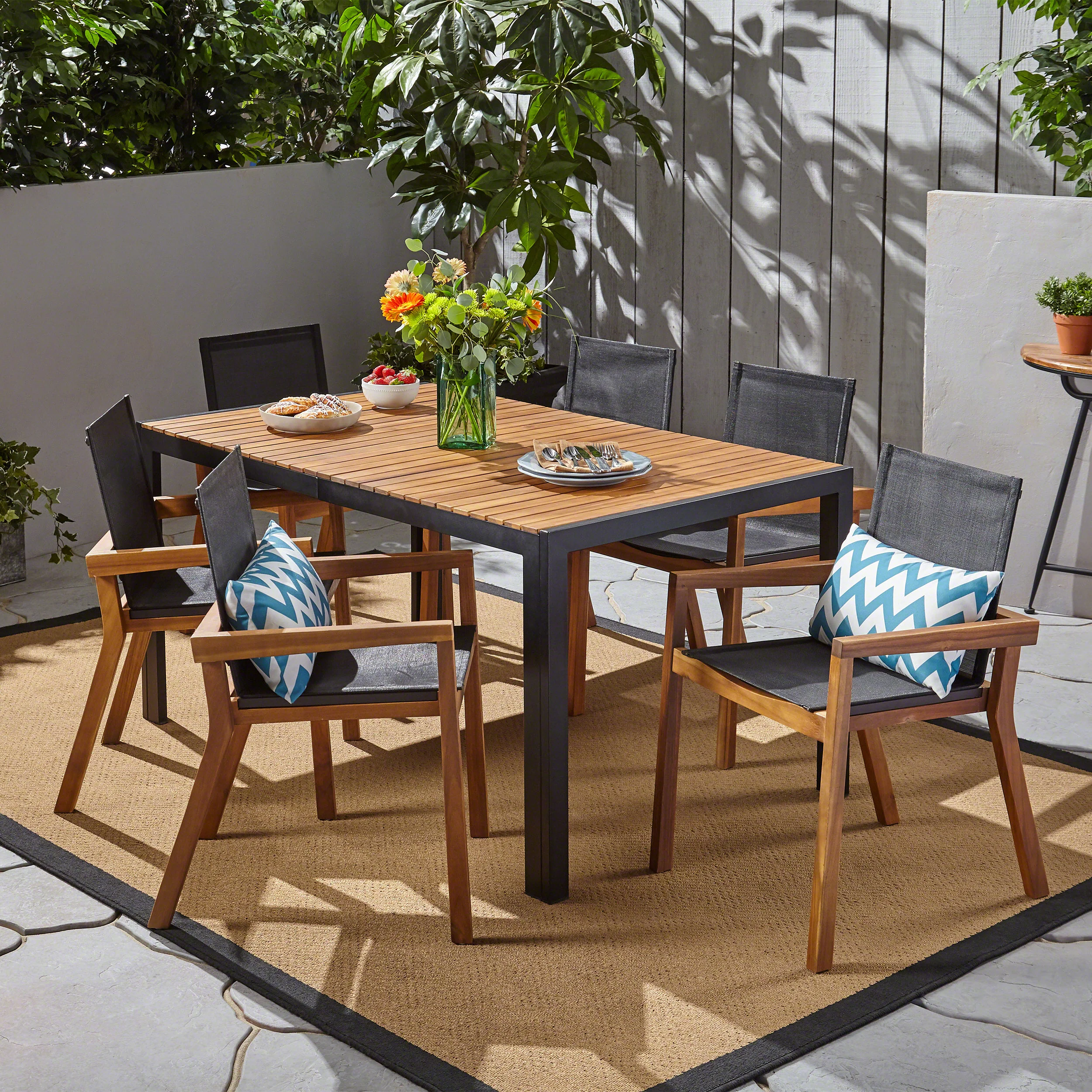 Aymee Outdoor 6-Seater Rectangular Acacia Wood and Mesh Dining Set - furnishings
