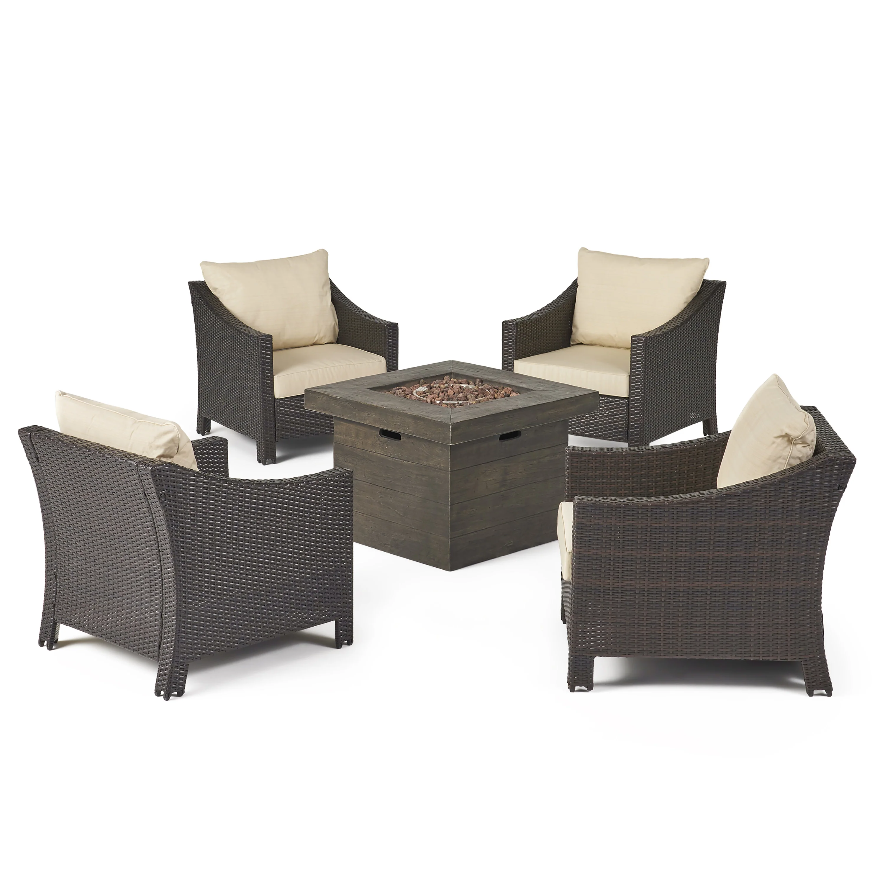 Vincent Outdoor 5 Piece Wicker Club Chair and Fire Pit Set with Cushions - furnishings