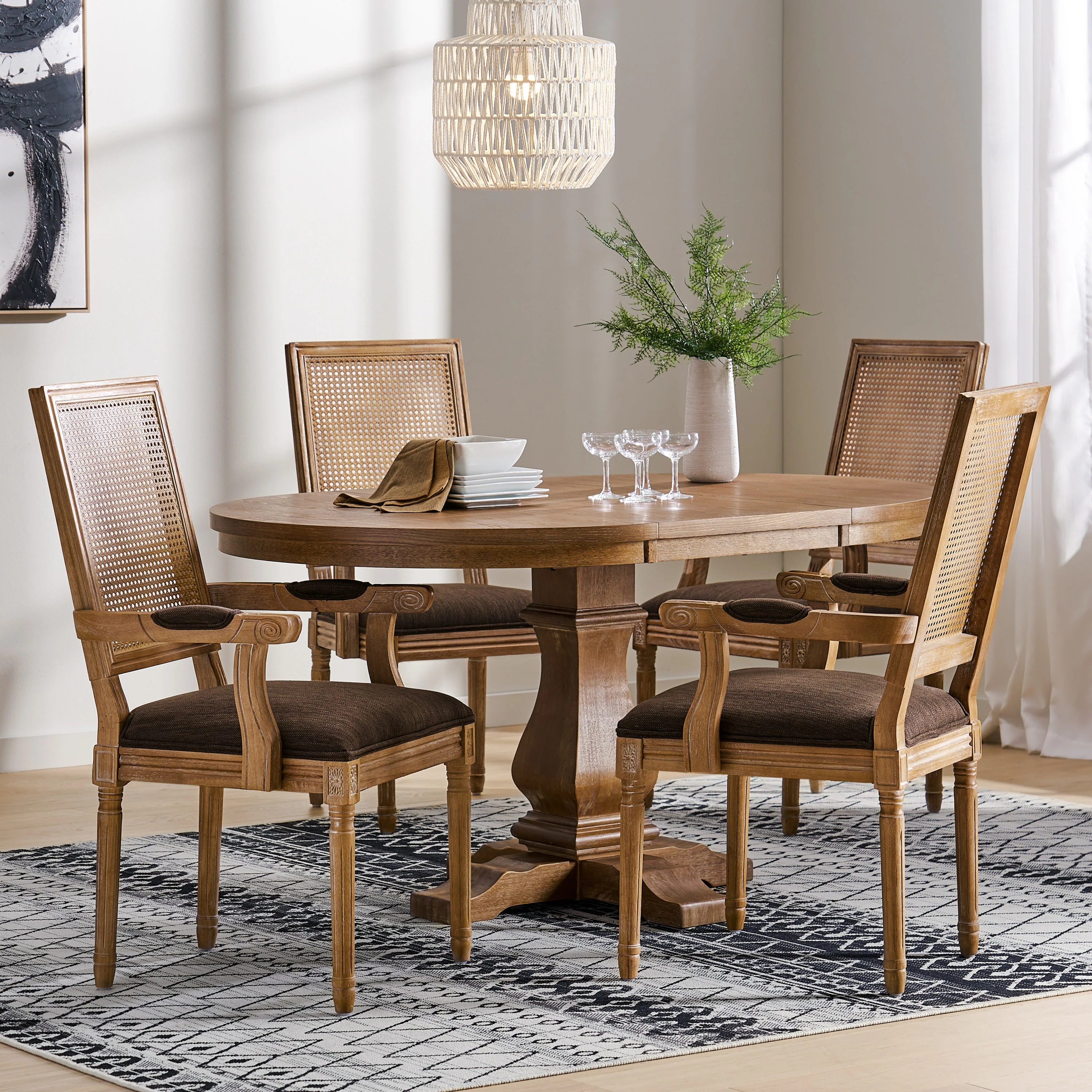Zentner French Country Fabric Upholstered Wood and Cane 5 Piece Expandable Dining Set - furnishings