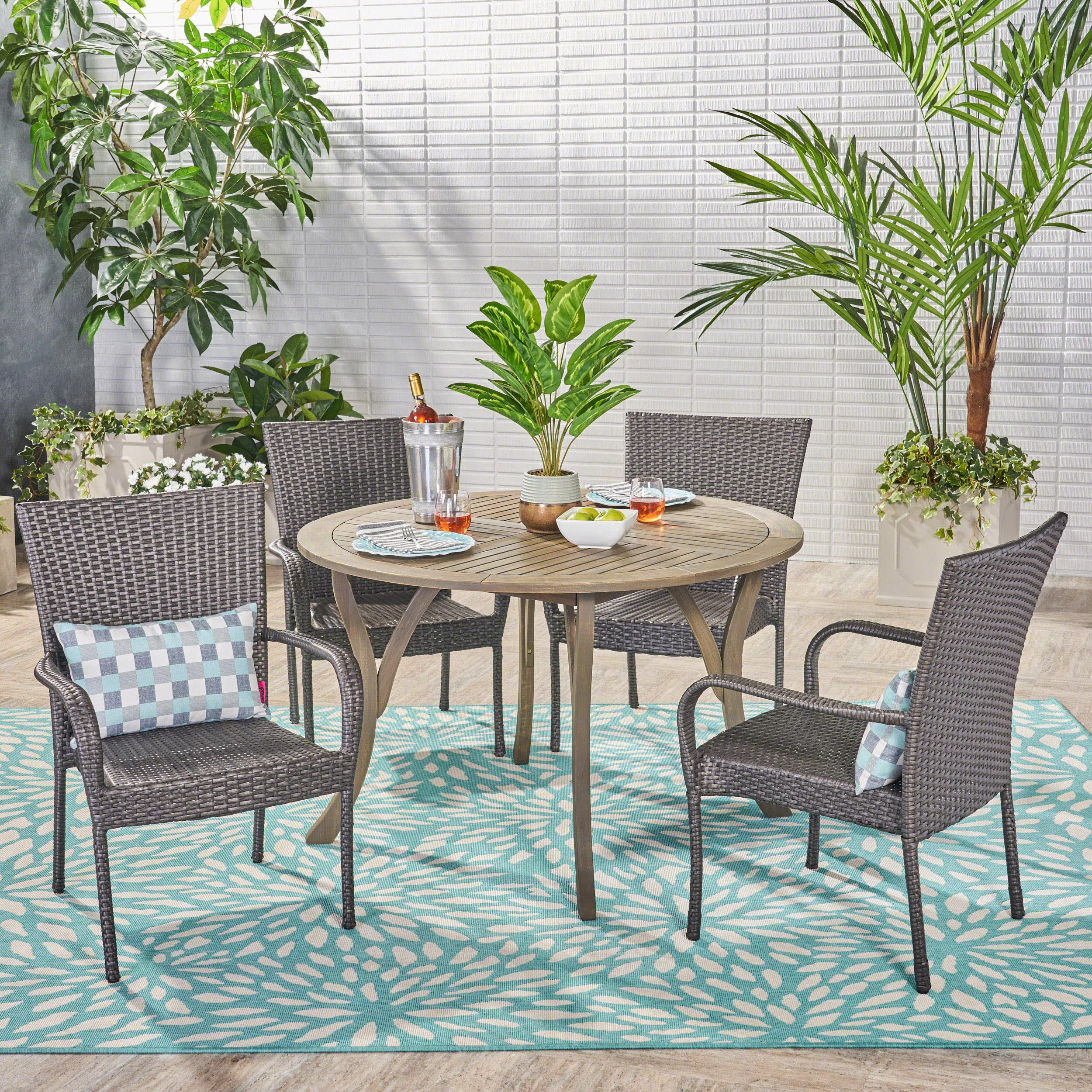 Lance Outdoor 5 Piece Acacia Wood and Wicker Dining Set - furnishings