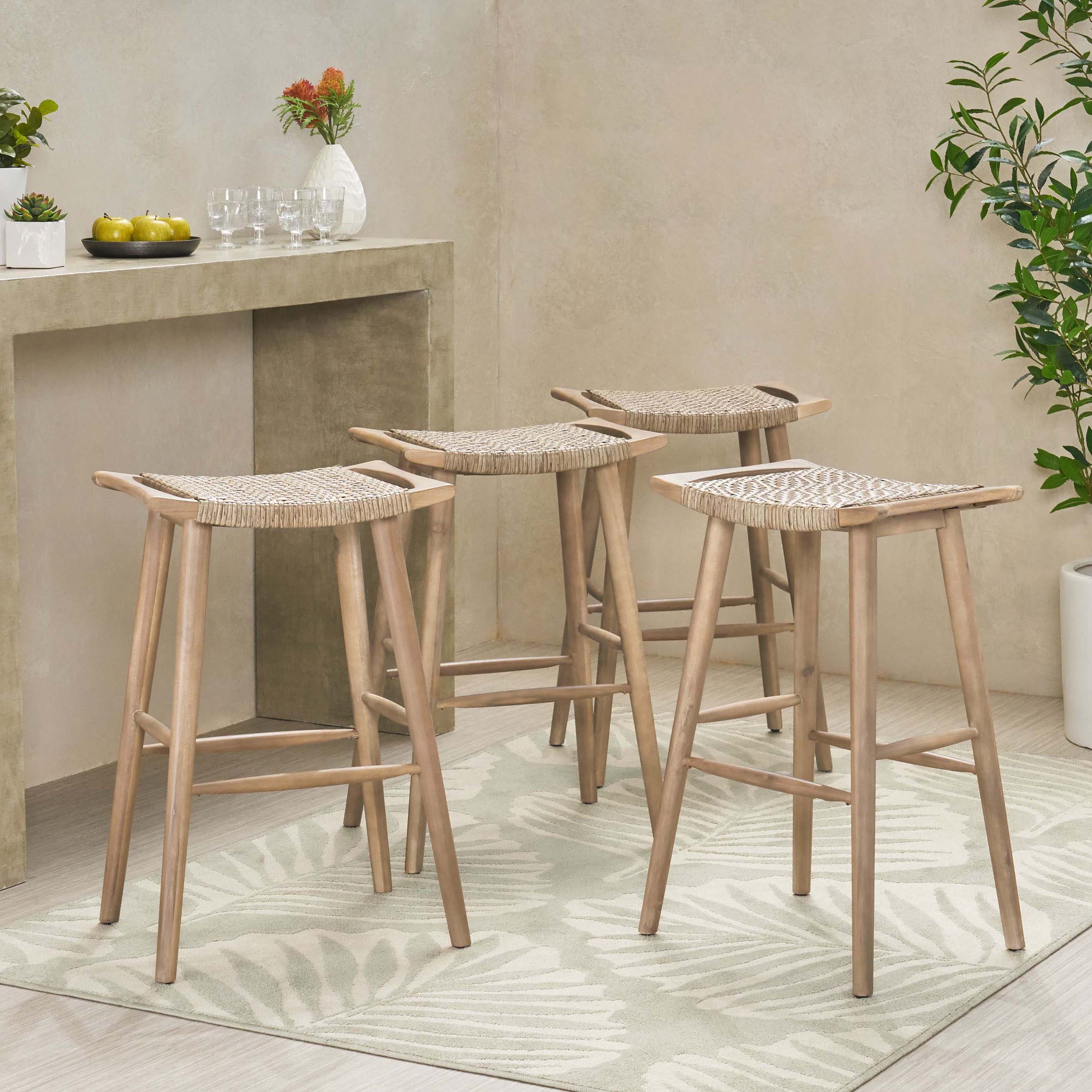 Dade Pulaski Outdoor Acacia Wood Barstool with Wicker, Set of 4 - furnishings