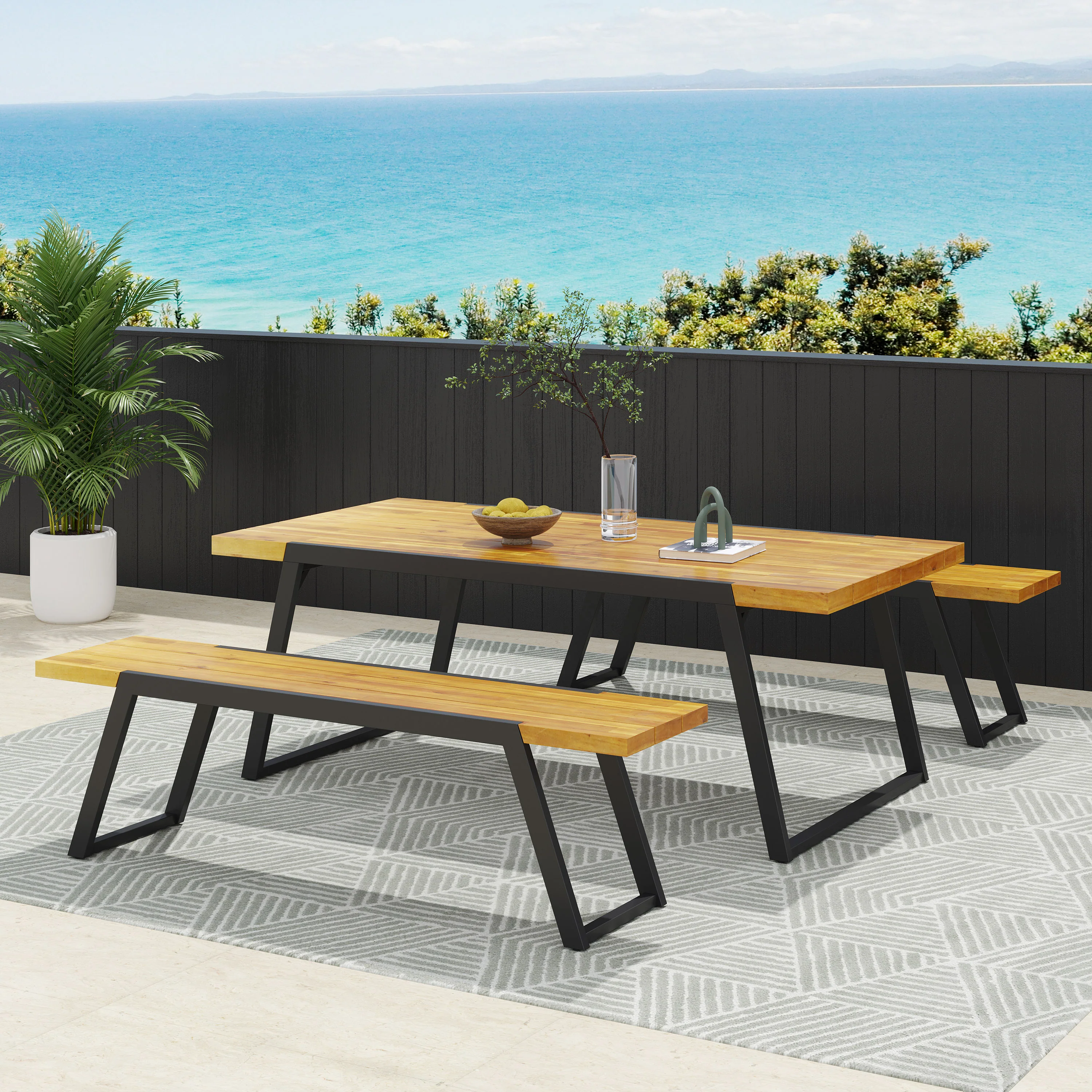 Gebo Outdoor Modern Acacia Wood 3 Piece Picnic Set - furnishings