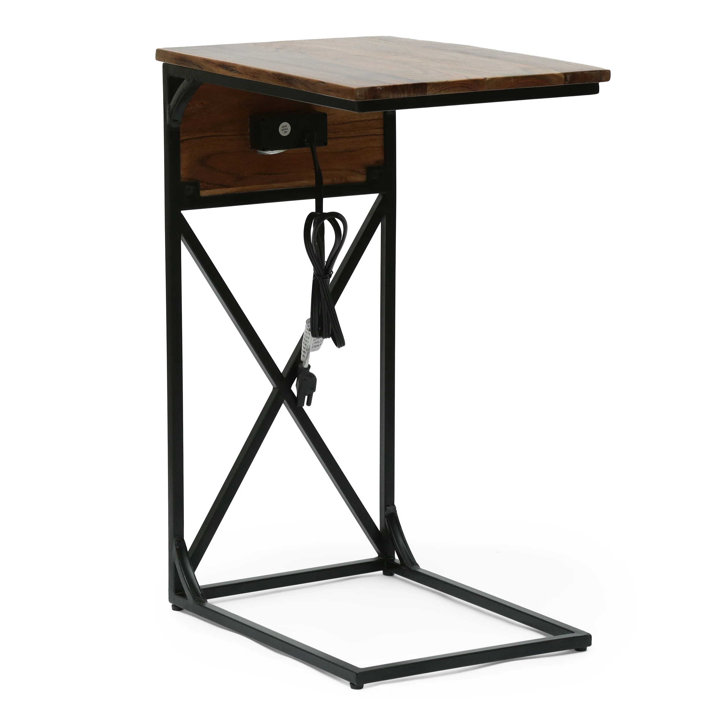 Sunqueen Modern Industrial Handcrafted Acacia Wood C-Shaped Side Table with Charging Port, Natural and Black - furnishings