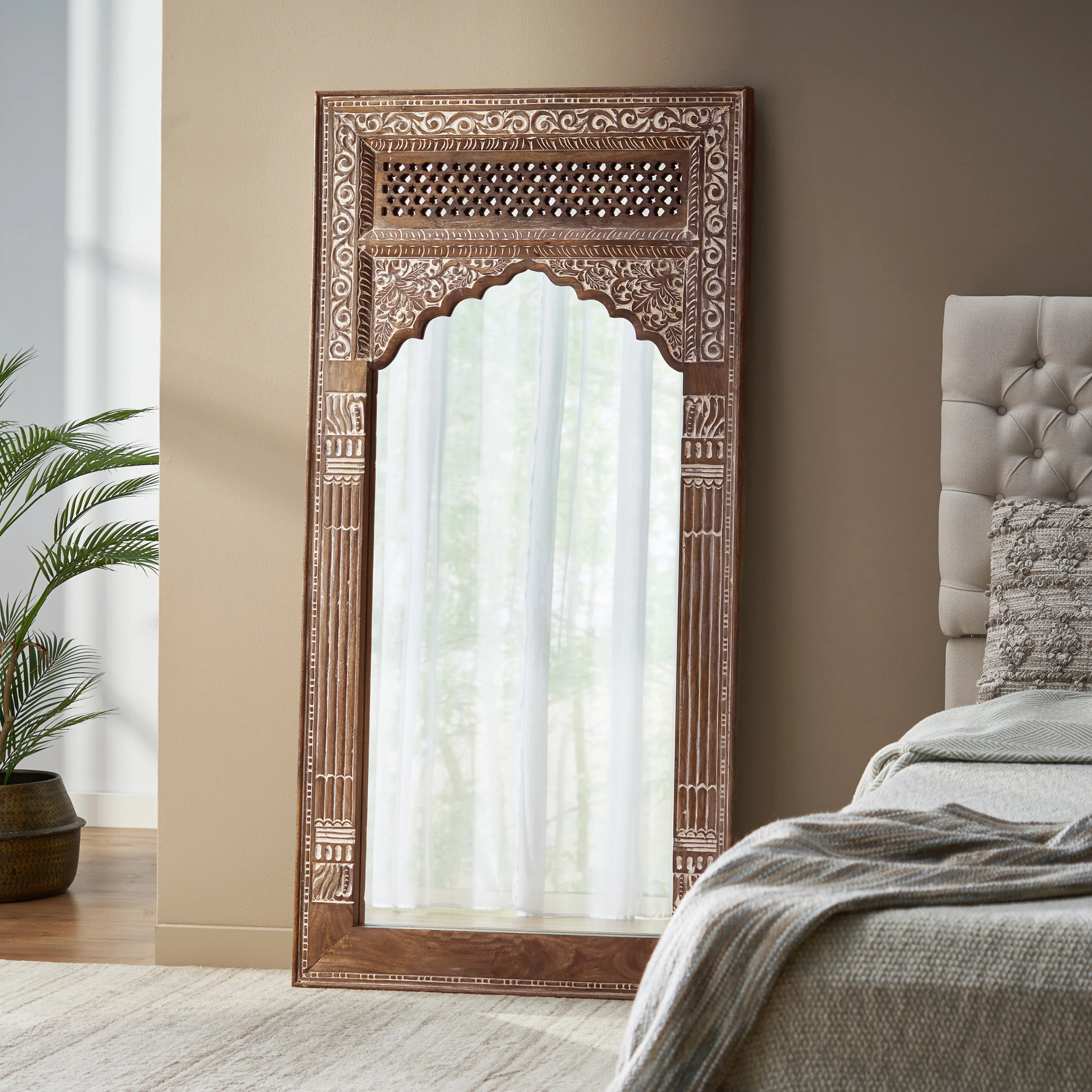 Wyola Traditional Handcrafted Mango Wood Carved Full Length Standing Mirror - furnishings