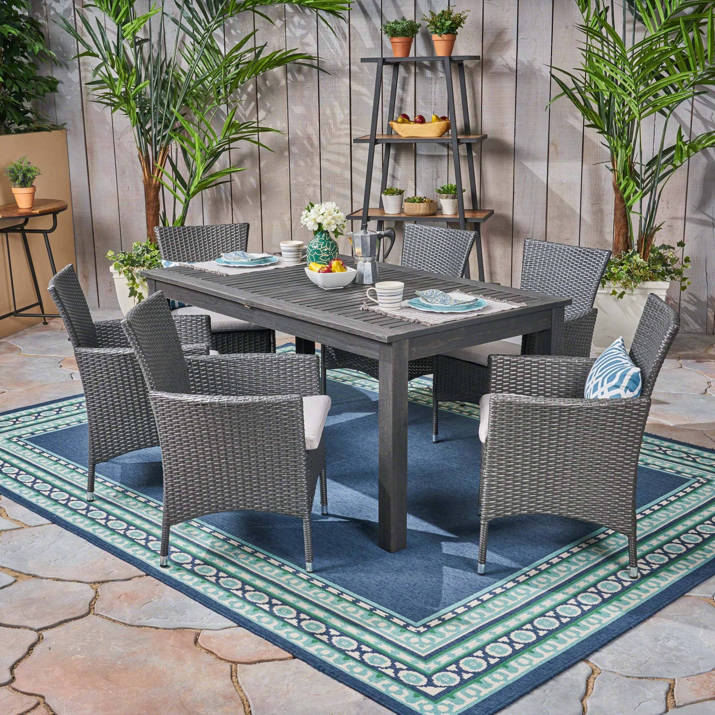 Saluda Outdoor Wood and Wicker Expandable Dining Set - furnishings