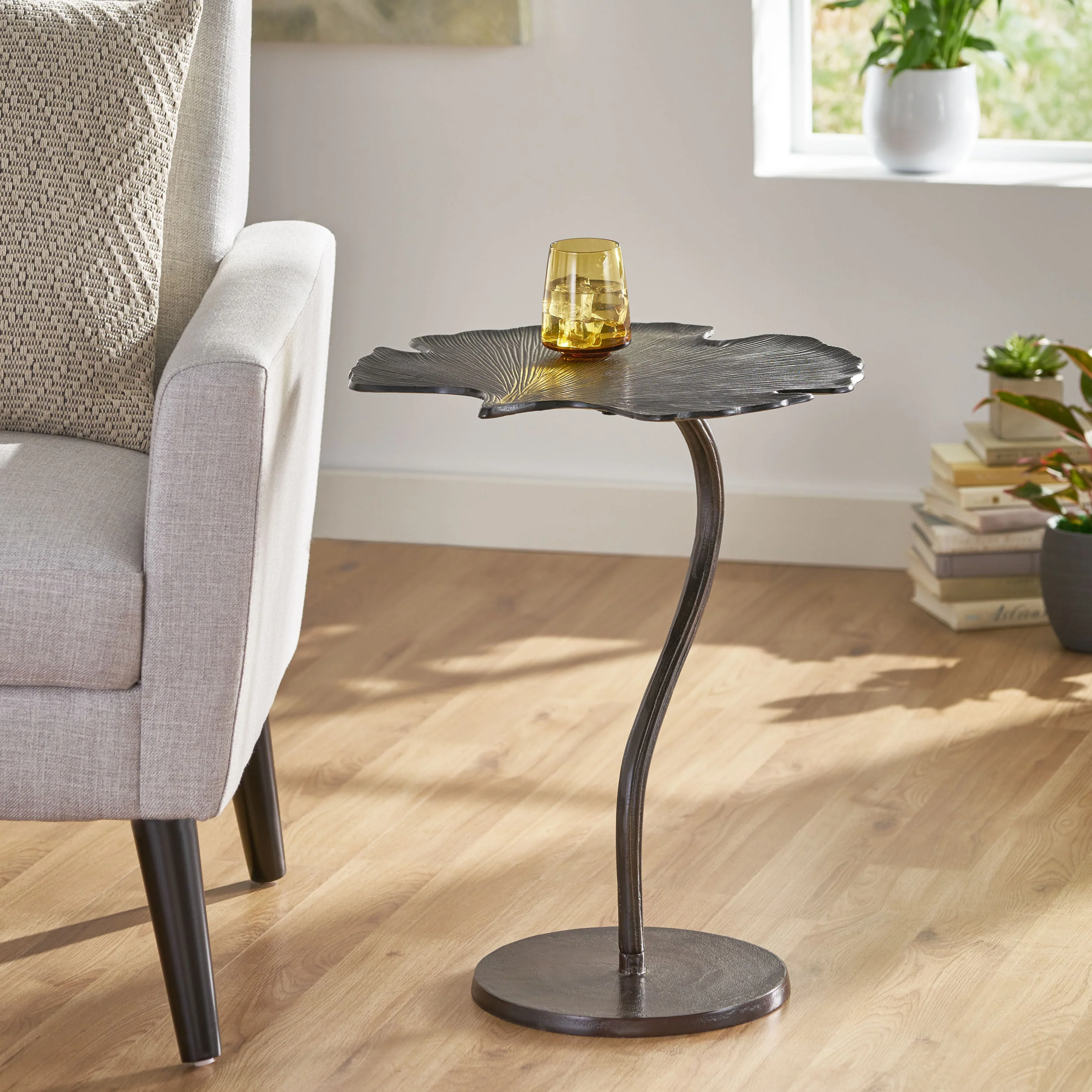 Bexley Modern Handcrafted Aluminum Frond Leaf Side Table, Raw Bronze - furnishings