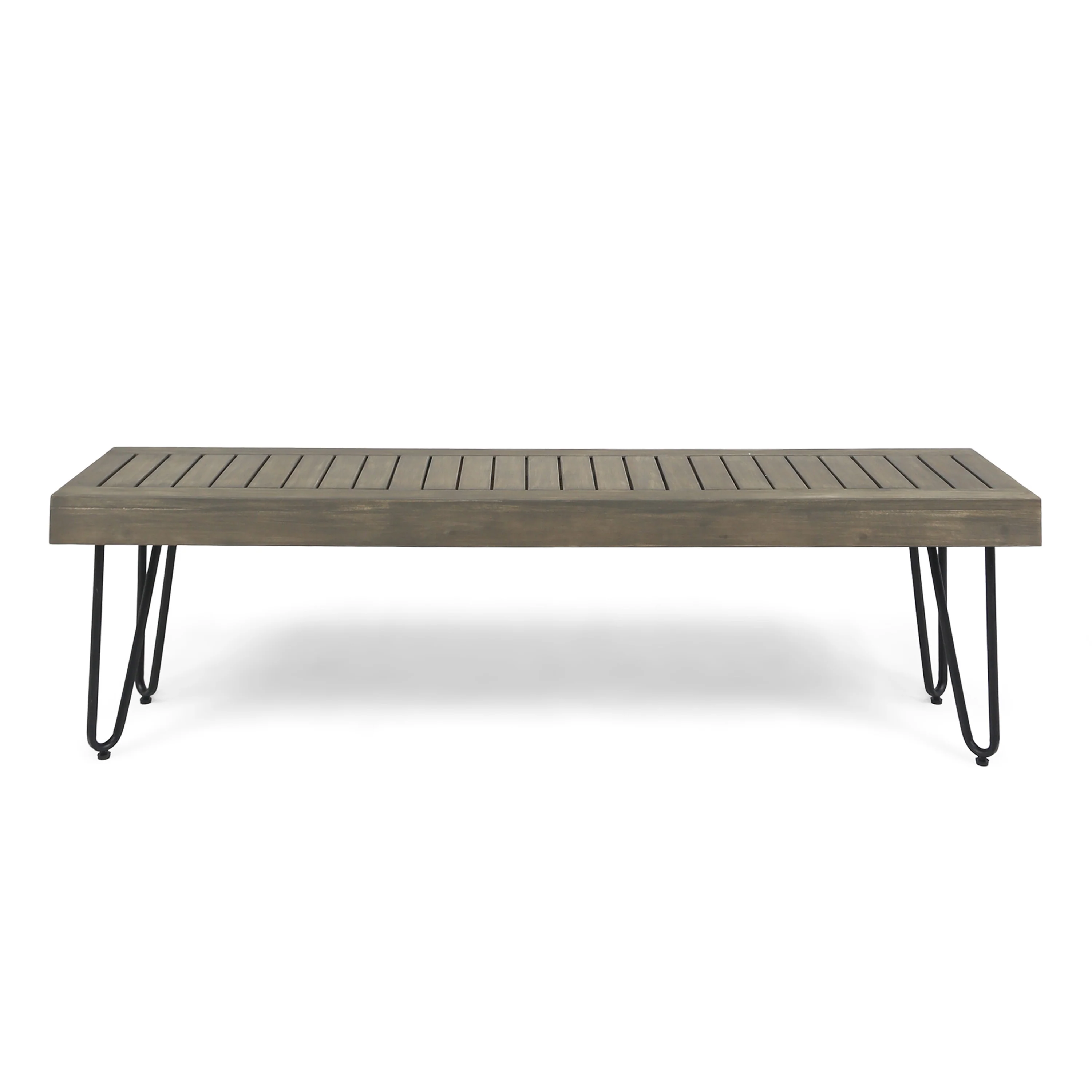 Abbet Outdoor Farmhouse Slat-Top Acacia Wood Bench w/ Metal Hairpin Legs - furnishings