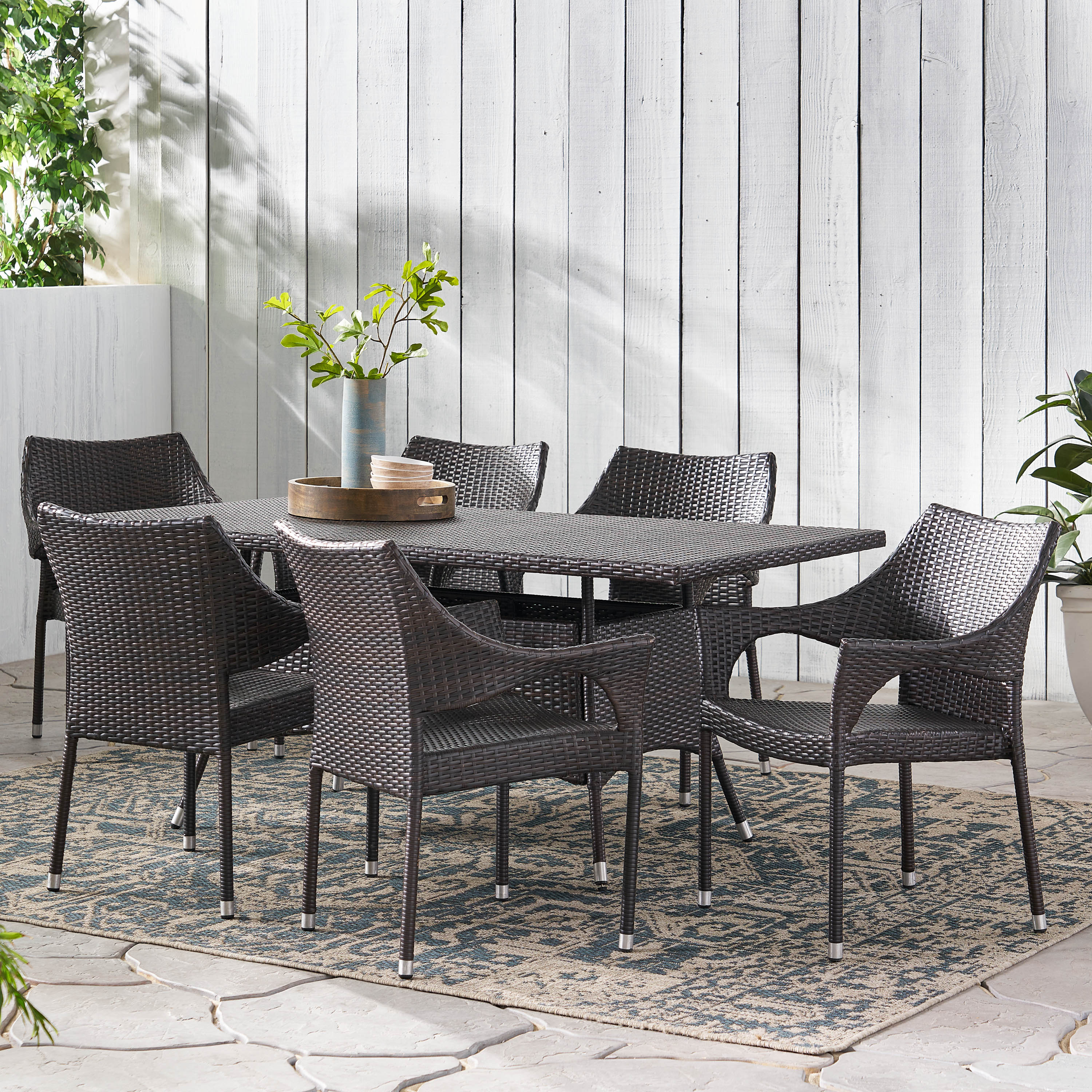 Clayton Outdoor 7 Piece Multi-Brown Wicker Dining Set with Metal Tipped Legs - furnishings