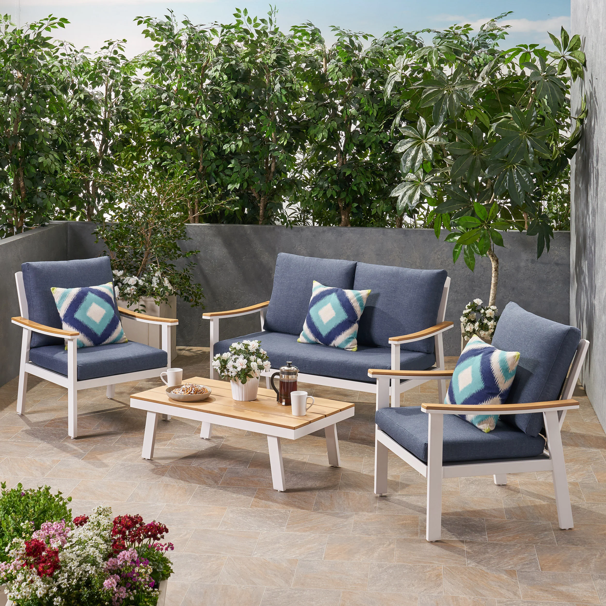 Mathias Outdoor 4 Piece Aluminum and Faux Wood Chat Set with Cushions - furnishings