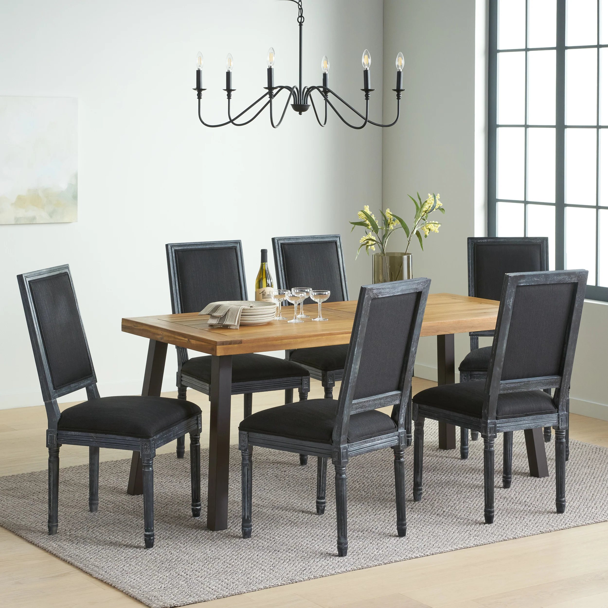 Tengren Farmhouse Fabric Upholstered Wood and Iron 7 Piece Dining Set - furnishings