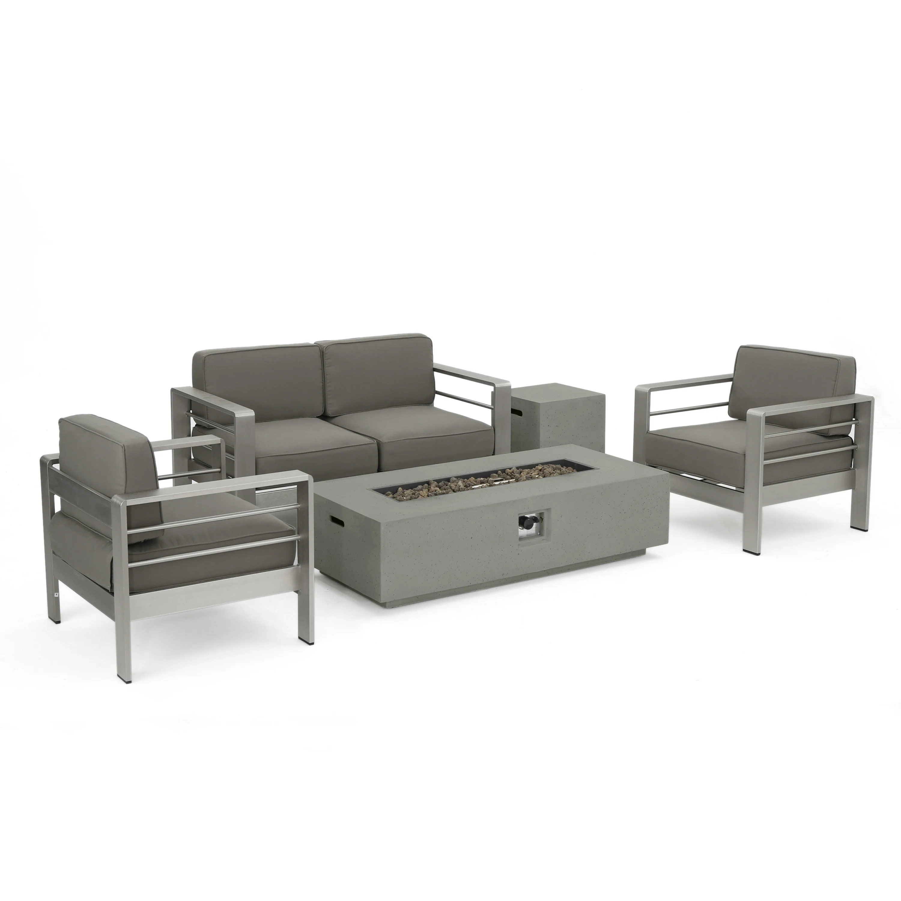 Crested Bay 5pc Modern Outdoor Aluminum Sofa & Chairs Set With Fire Pit - furnishings