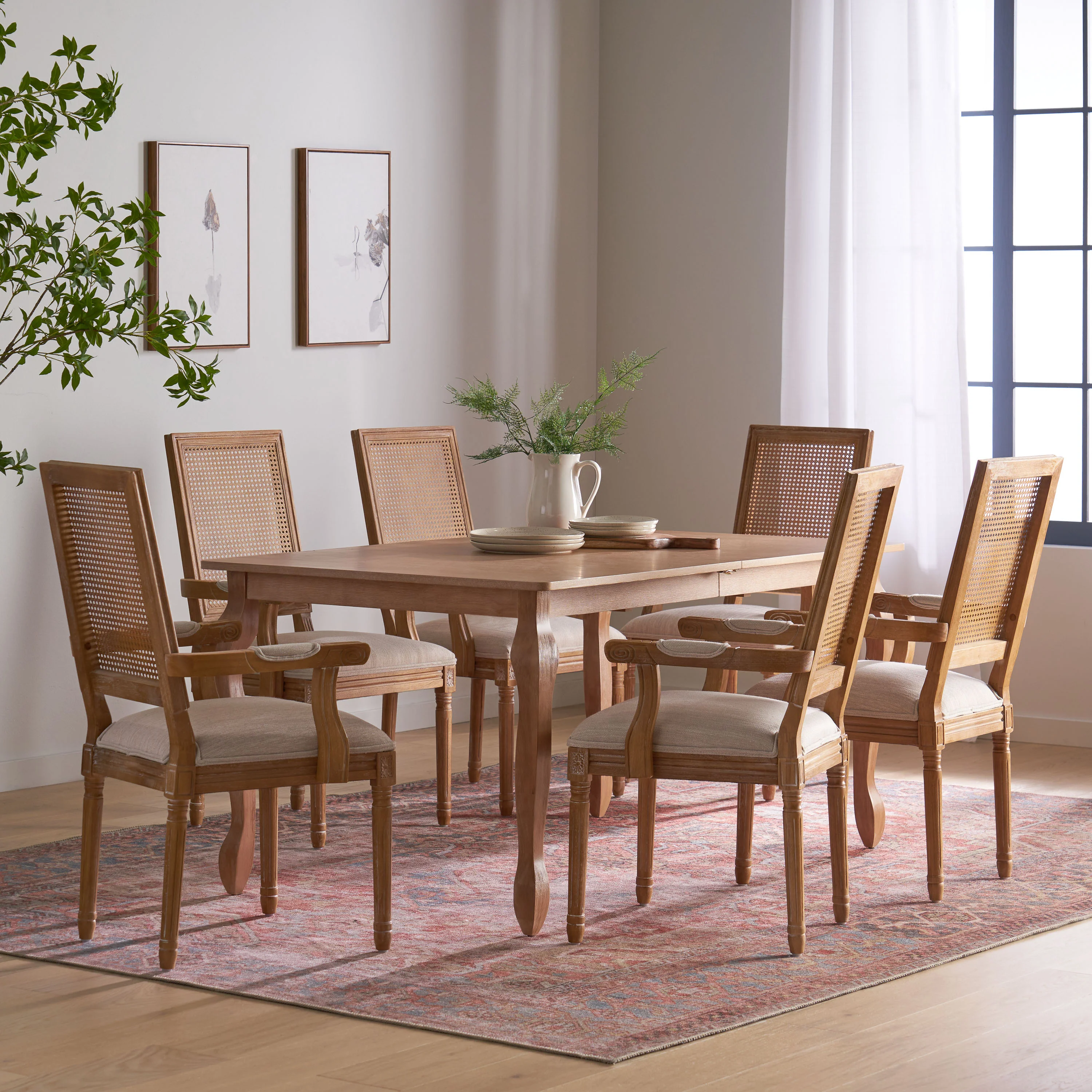 Regan French Country Fabric Upholstered Wood and Cane Expandable 7 Piece Dining Set - furnishings