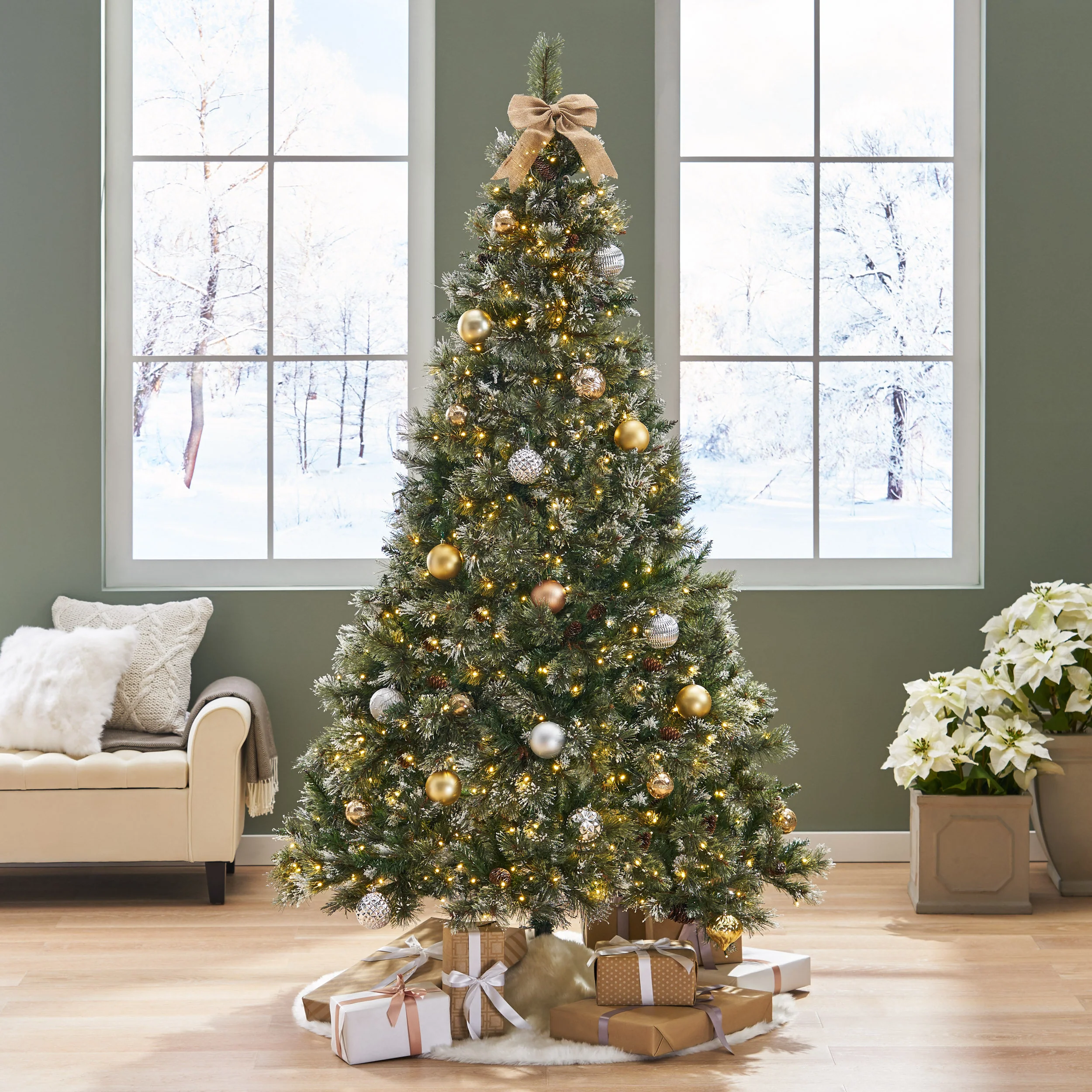 7.5-foot Cashmere Pine and Mixed Needles Pre-Lit Clear LED Hinged Artificial Christmas Tree with Snow and Glitter Branches and Frosted Pinecones - furnishings