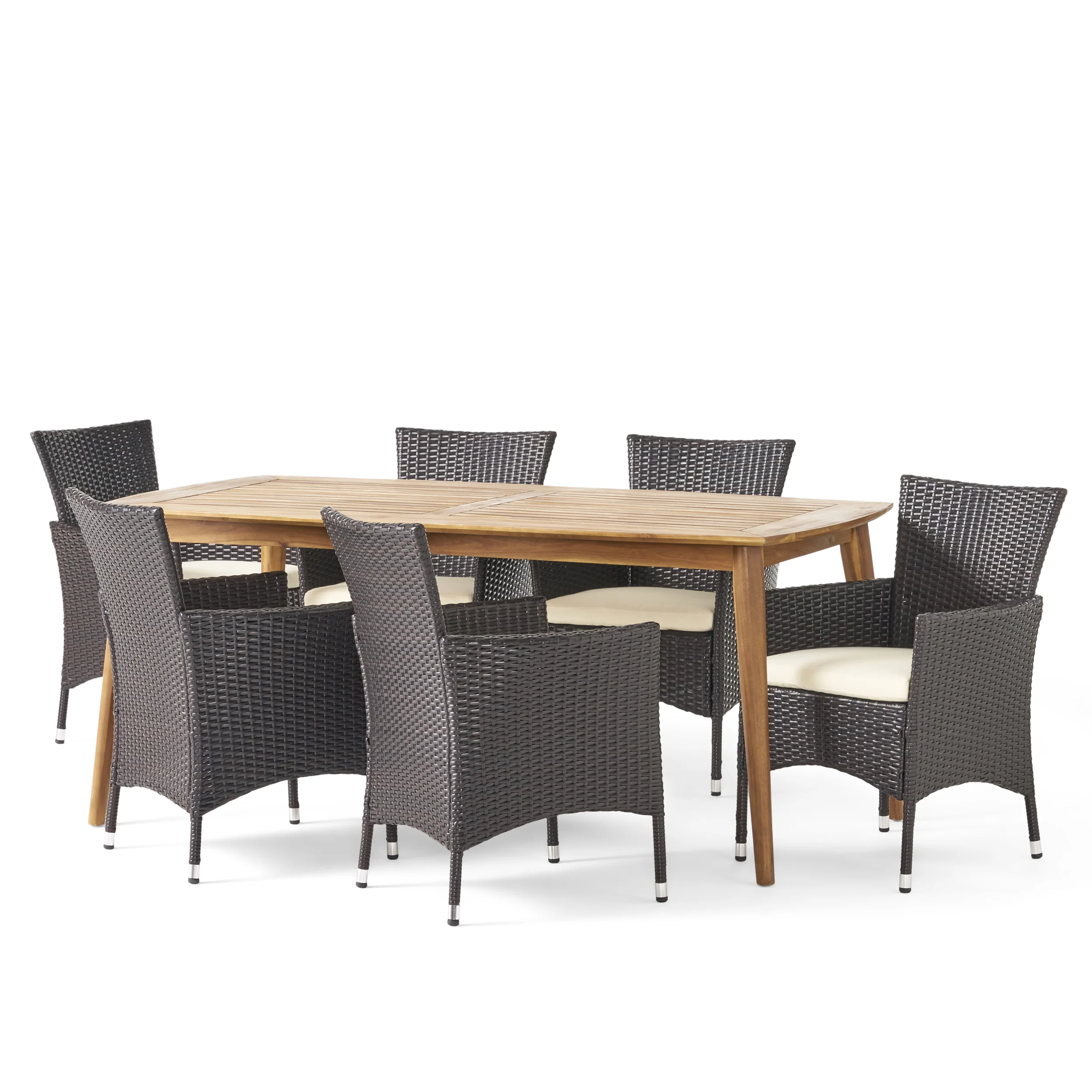 Matthew Outdoor 7 Piece Multibrown Wicker Dining Set with Teak Finish Rectangular Acacia Wood Dining Table and Beige Water Resistant Cushions - furnishings