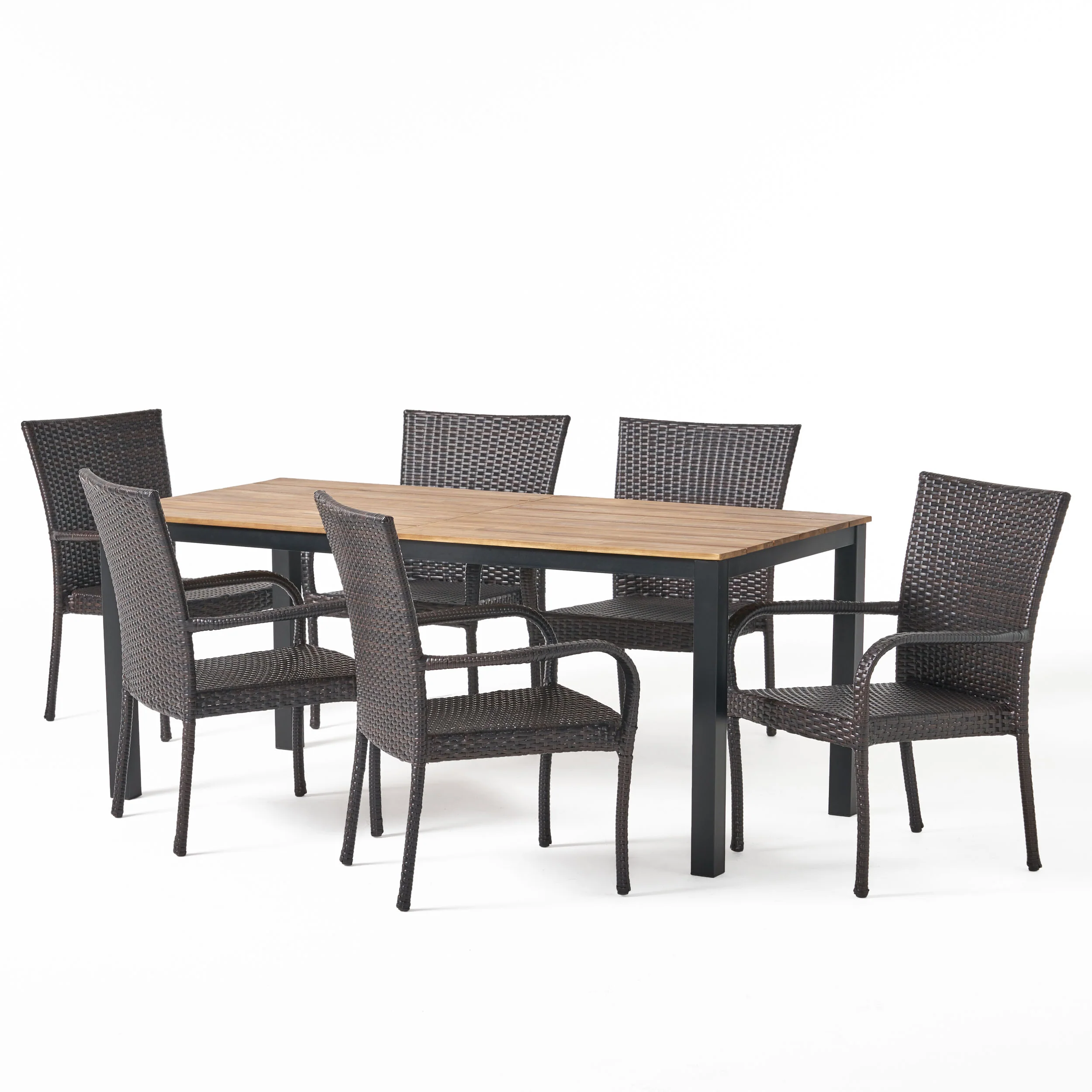 Una Outdoor 7 Piece Acacia Wood Dining Set with Stacking Wicker Chairs, Teak and Gray - furnishings