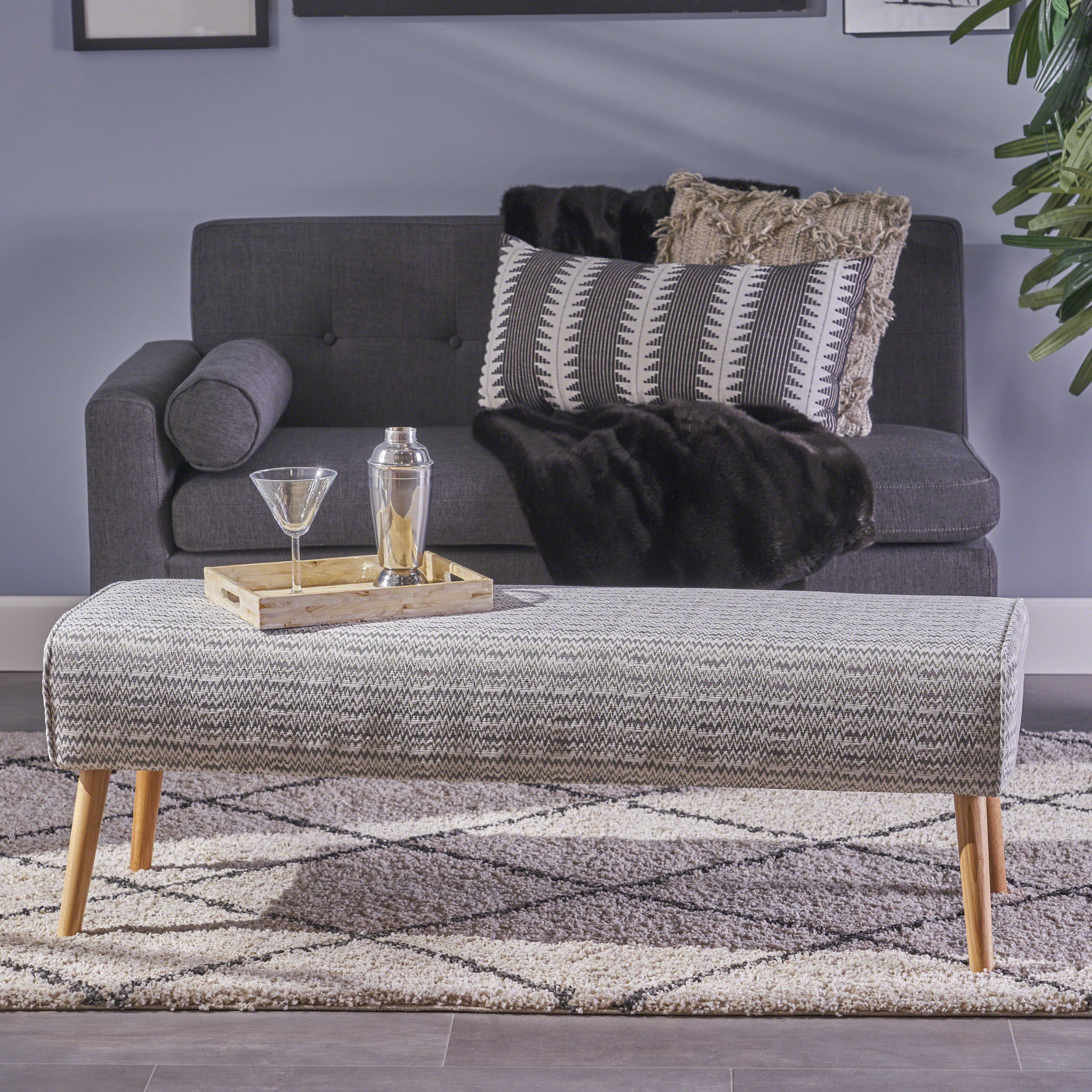 Sade Mid Century Boho Fabric Ottoman, Light Grey Zig Zag Pattern - furnishings