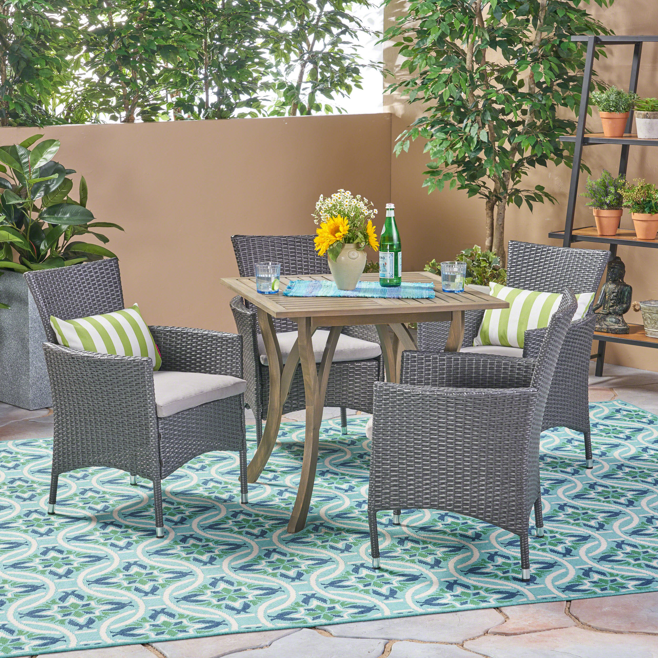 James Outdoor 5 Piece Wood and Wicker Square Dining Set, Gray and Gray - furnishings