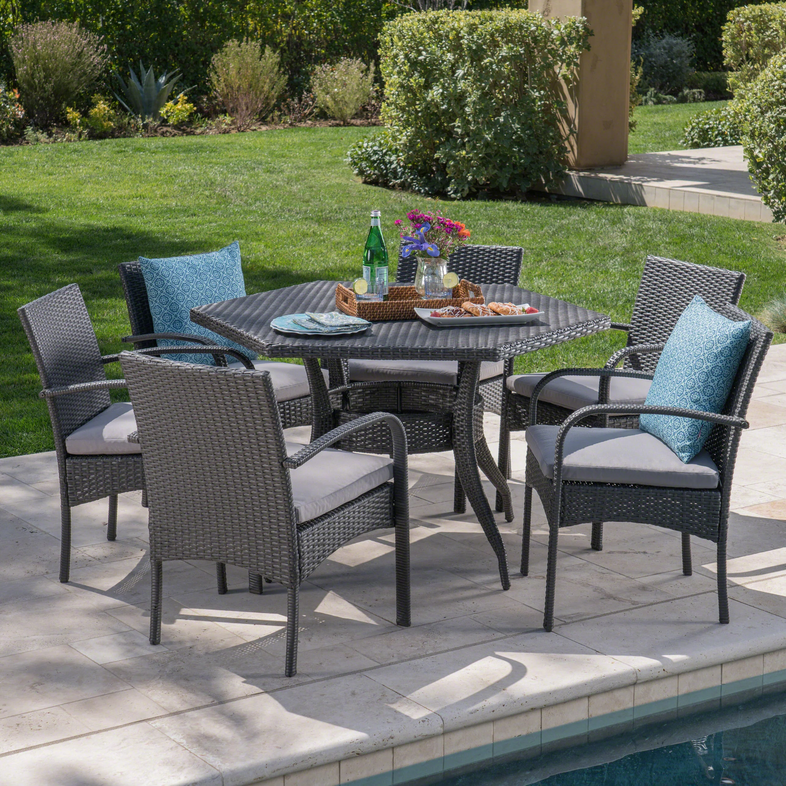 Jasmine Outdoor 7 Piece Wicker Hexagon Dining Set with Water Resistant Chairs - furnishings