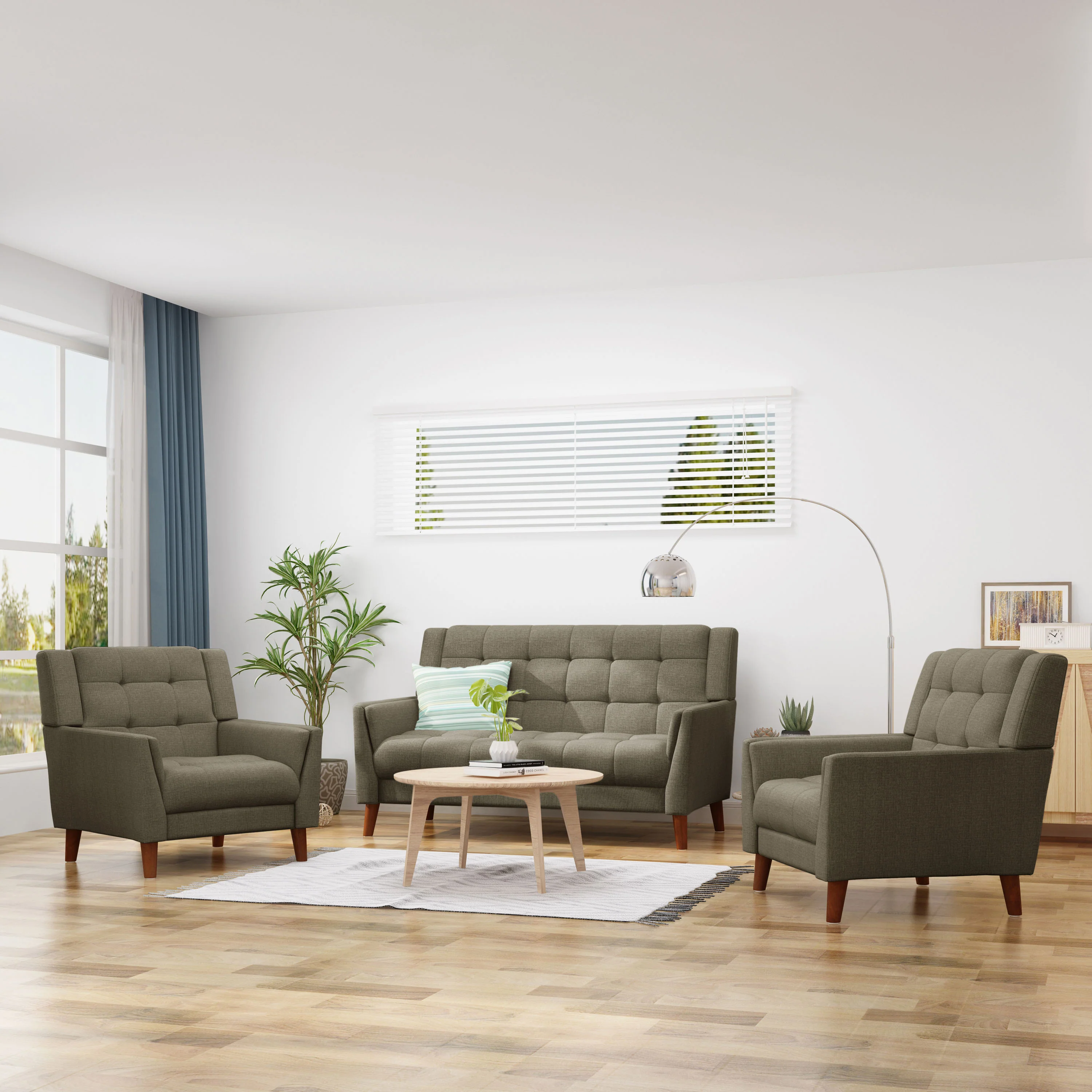 Evelyn Mid Century Modern 3-Piece Chairs & Loveseat Fabric Living Room Set - furnishings