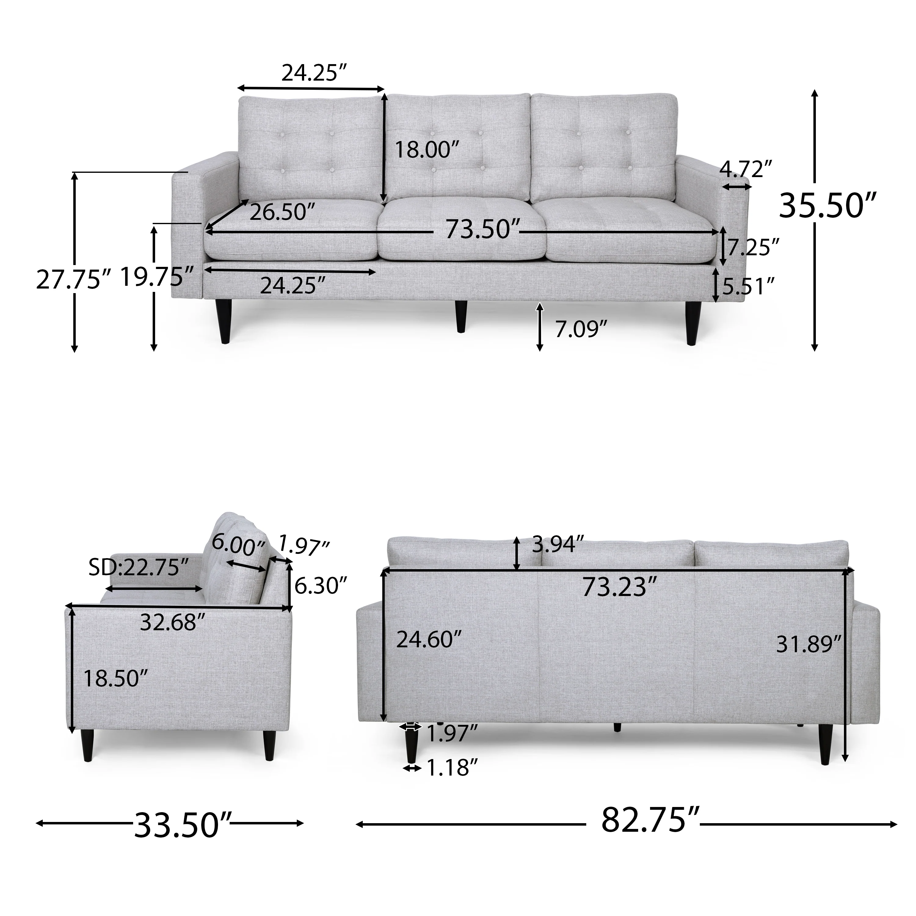 Ayumi Contemporary Tufted Fabric 3 Seater Sofa - furnishings