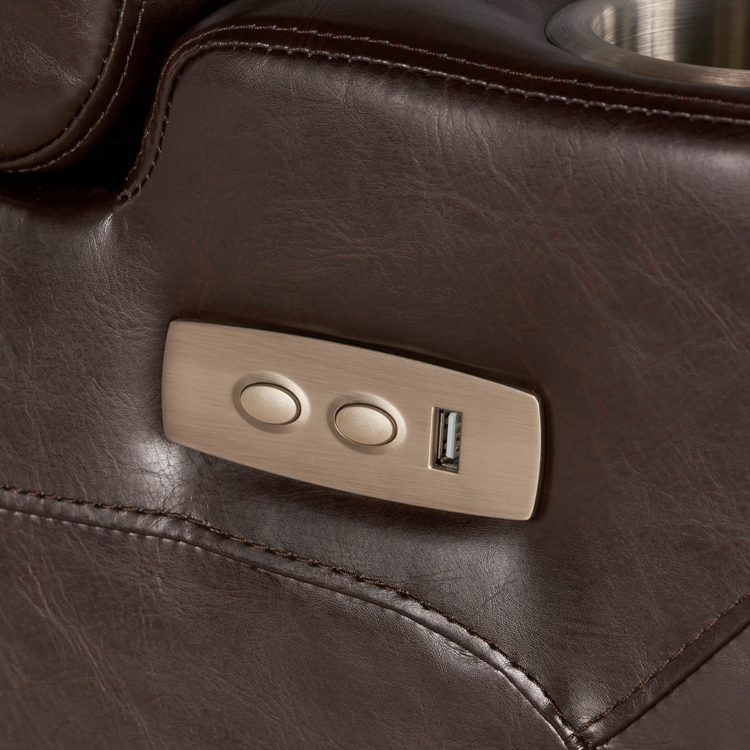 Everette Brown Leather Power Recliner With Storage, Cup Holder, and USB Charger - furnishings