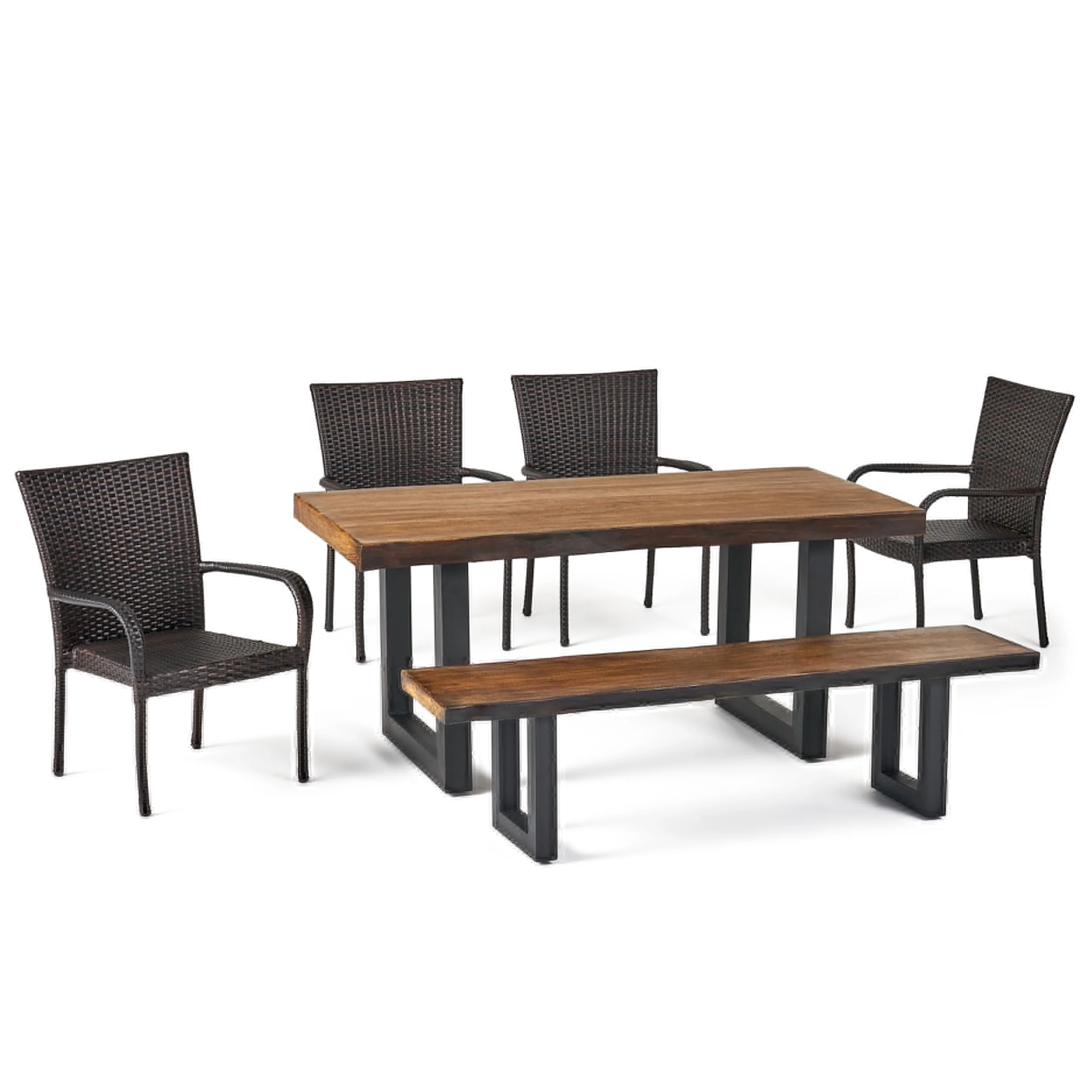 Danae Outdoor 6 Piece Wicker Dining Set with Concrete Table and Bench - furnishings