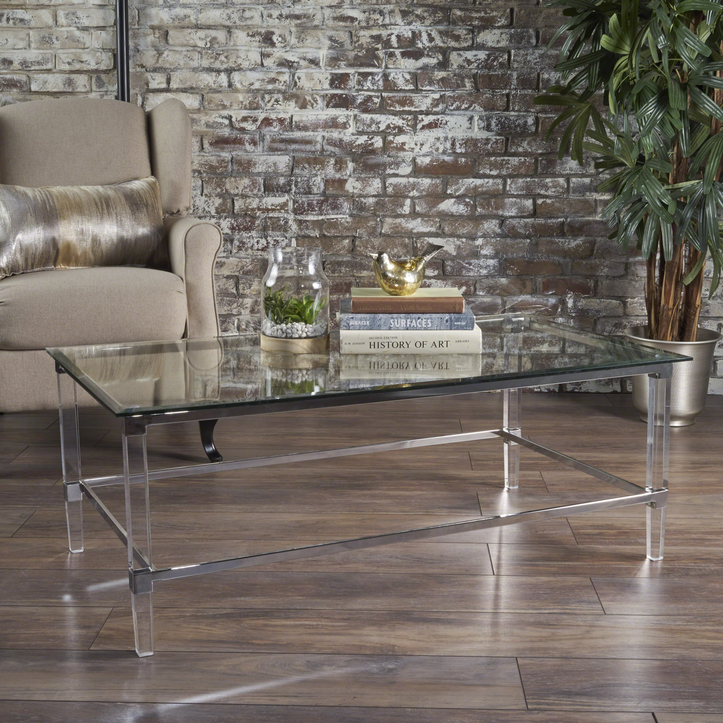 Bayor Modern Tempered Glass Coffee Table with Acrylic and Iron Accents - furnishings