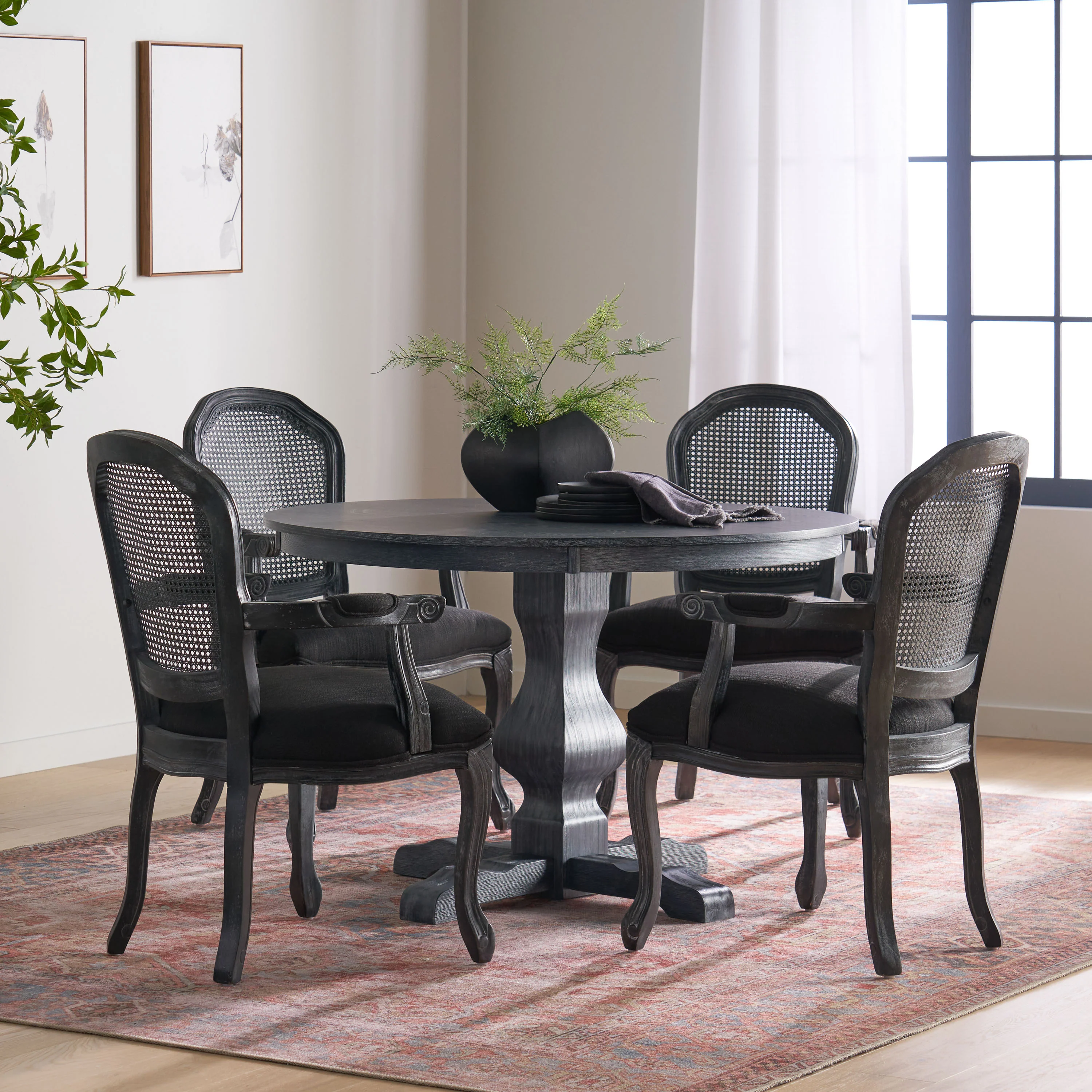 Ardyce French Country Fabric Upholstered Wood and Cane 5 Piece Circular Dining Set - furnishings