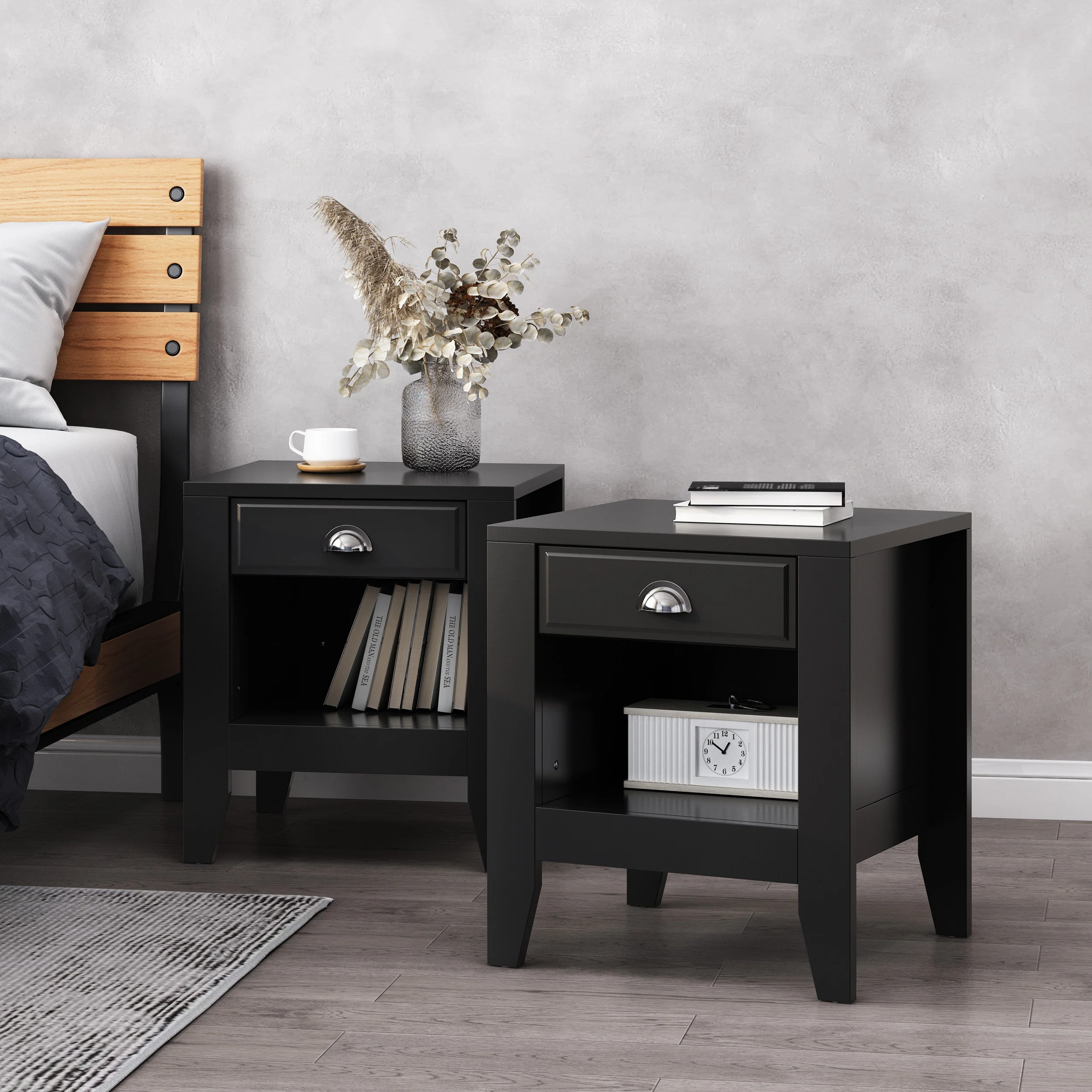 Cleary Contemporary Faux Wood Nightstands with Drawer, Set of 2 - furnishings