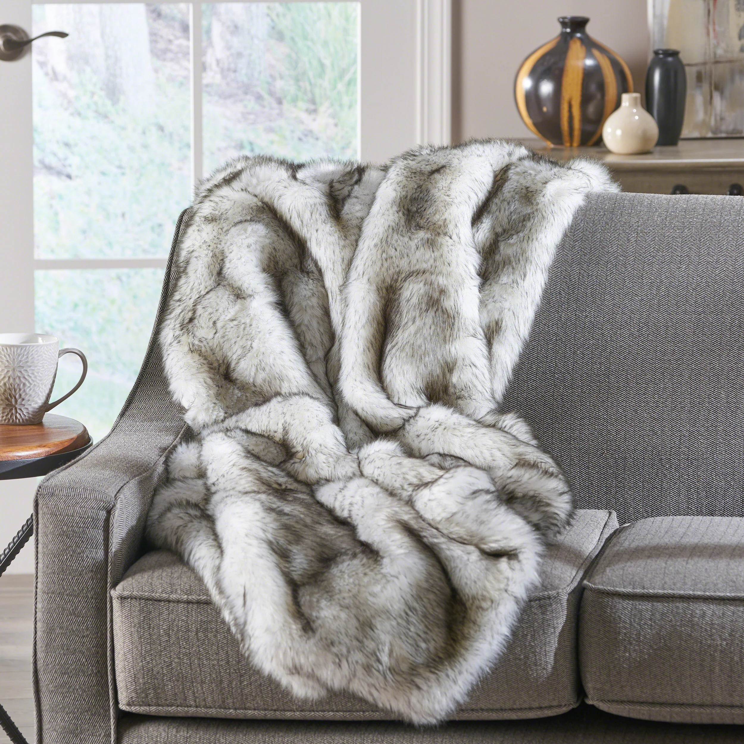 Laraine Modern Glam Rectangular Taupe Faux Fur Throw Blanket - furnishings