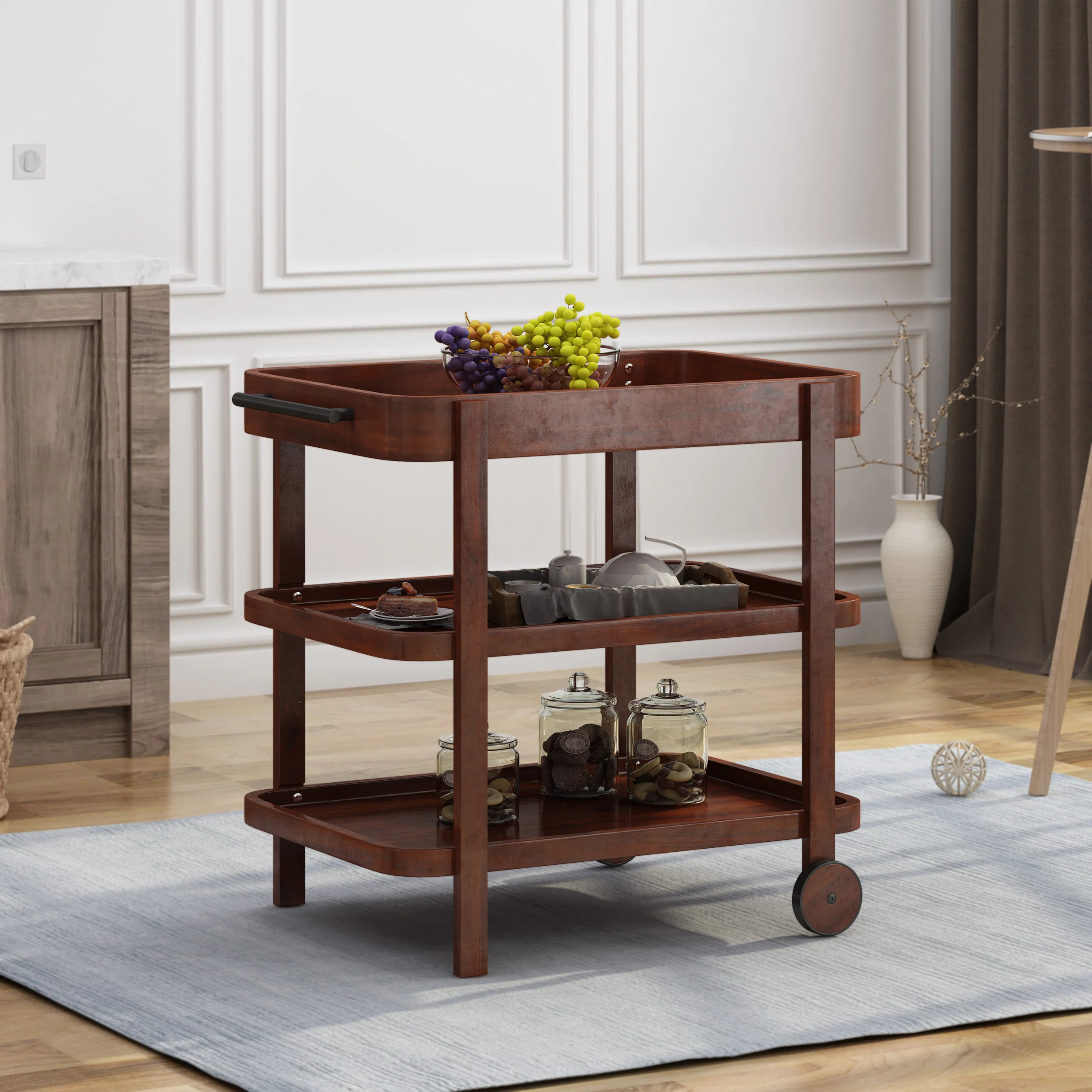 Bartlet Indoor/Outdoor Acacia Wood 3 Tiered Bar Cart, Brown Mahogany - furnishings