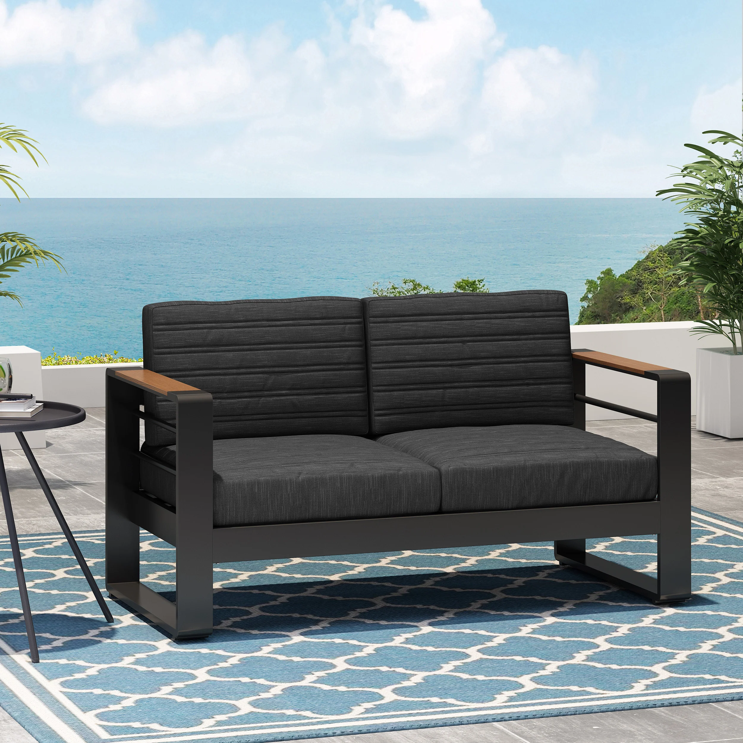 Neffs Outdoor Aluminum Loveseat with Water Resistant Cushions, Dark Gray, Natural, and Black - furnishings