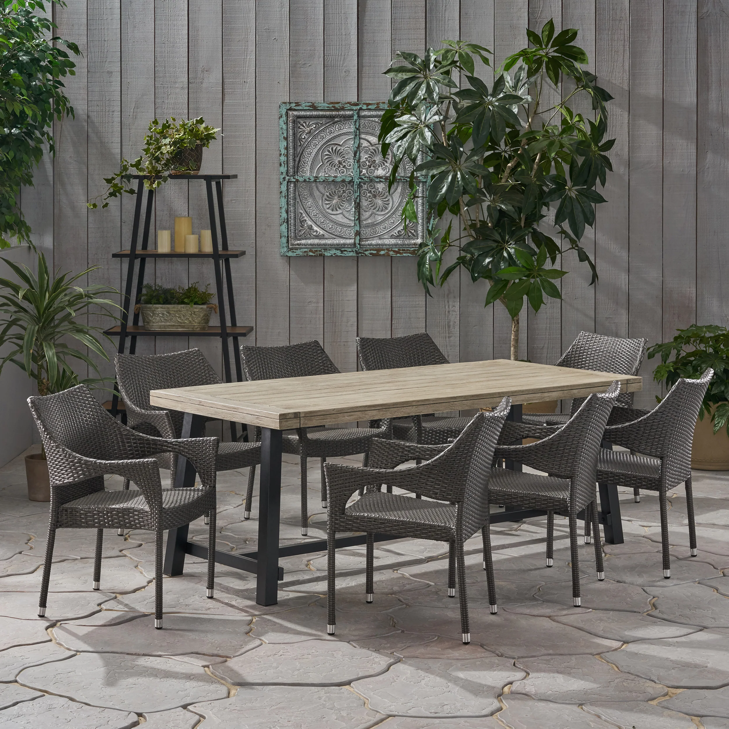 Emmalynn Outdoor Wood and Wicker 8 Seater Dining Set - furnishings