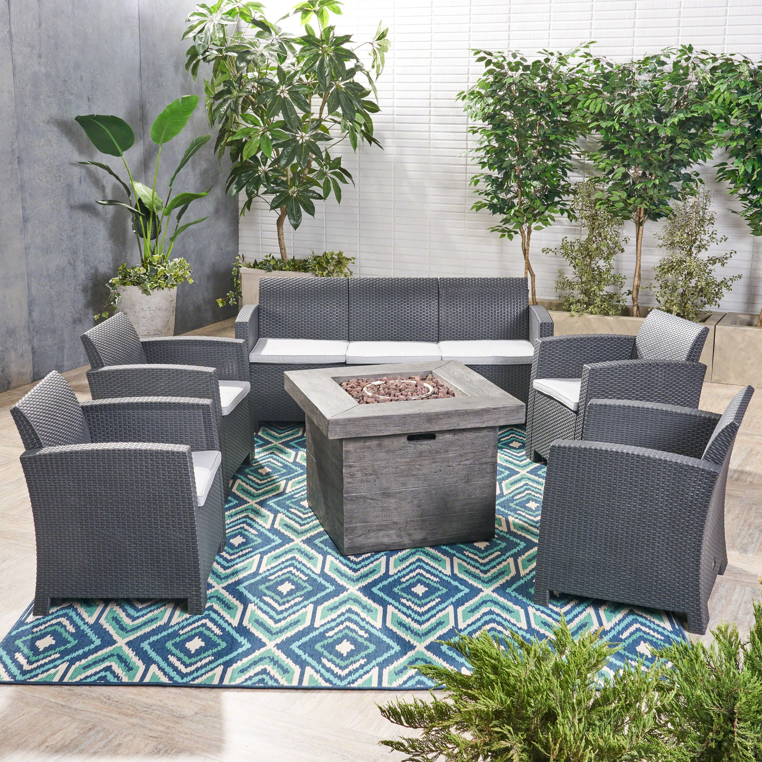 Peter Outdoor 7-Seater Chat Set with Fire Pit - furnishings
