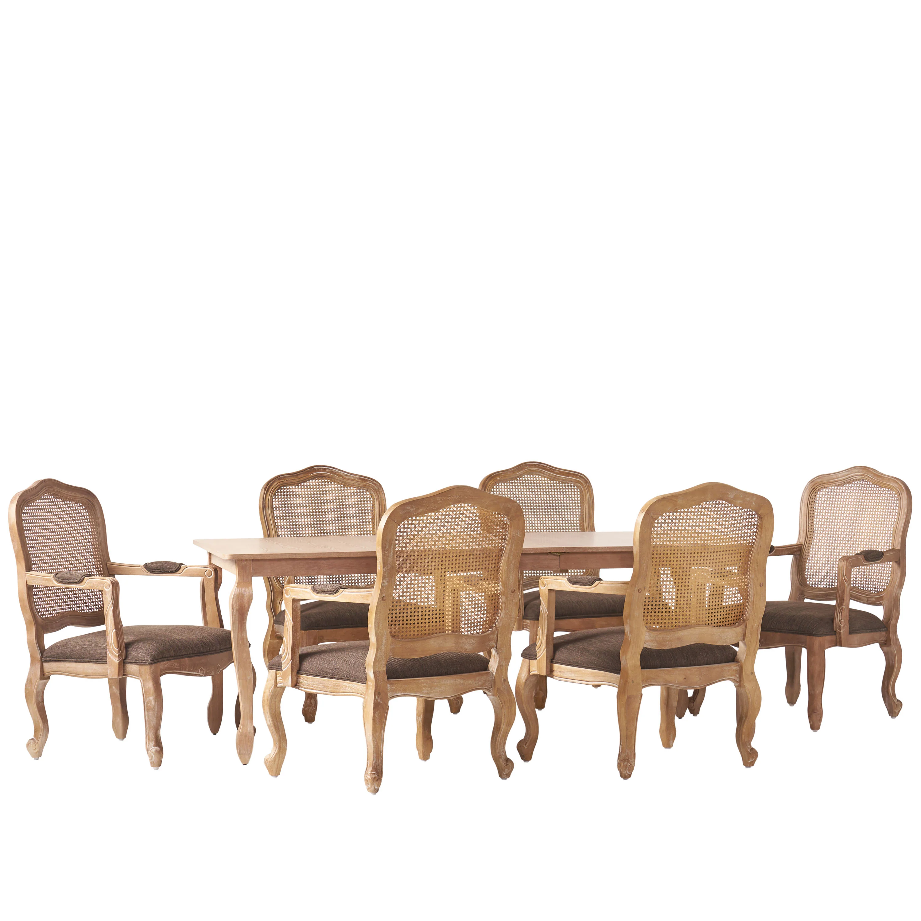 Bonview French Country Fabric Upholstered Wood and Cane Expandable 7 Piece Dining Set - furnishings