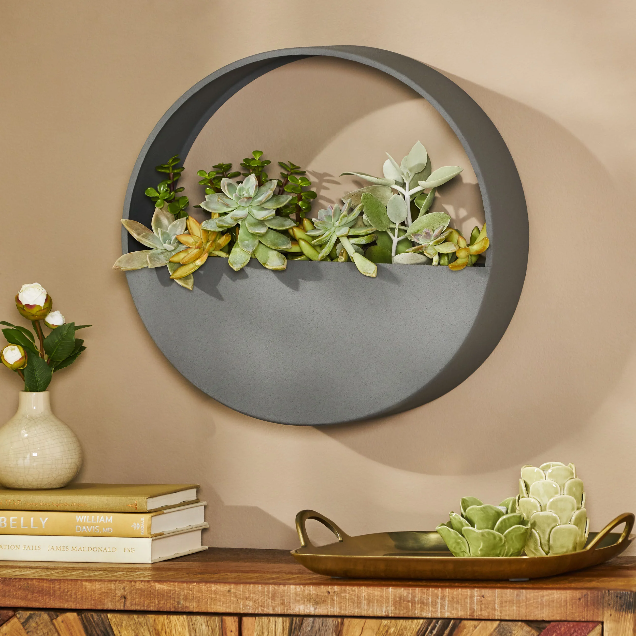 Beall Ware Modern Handcrafted Round Wall Planter, Gray - furnishings