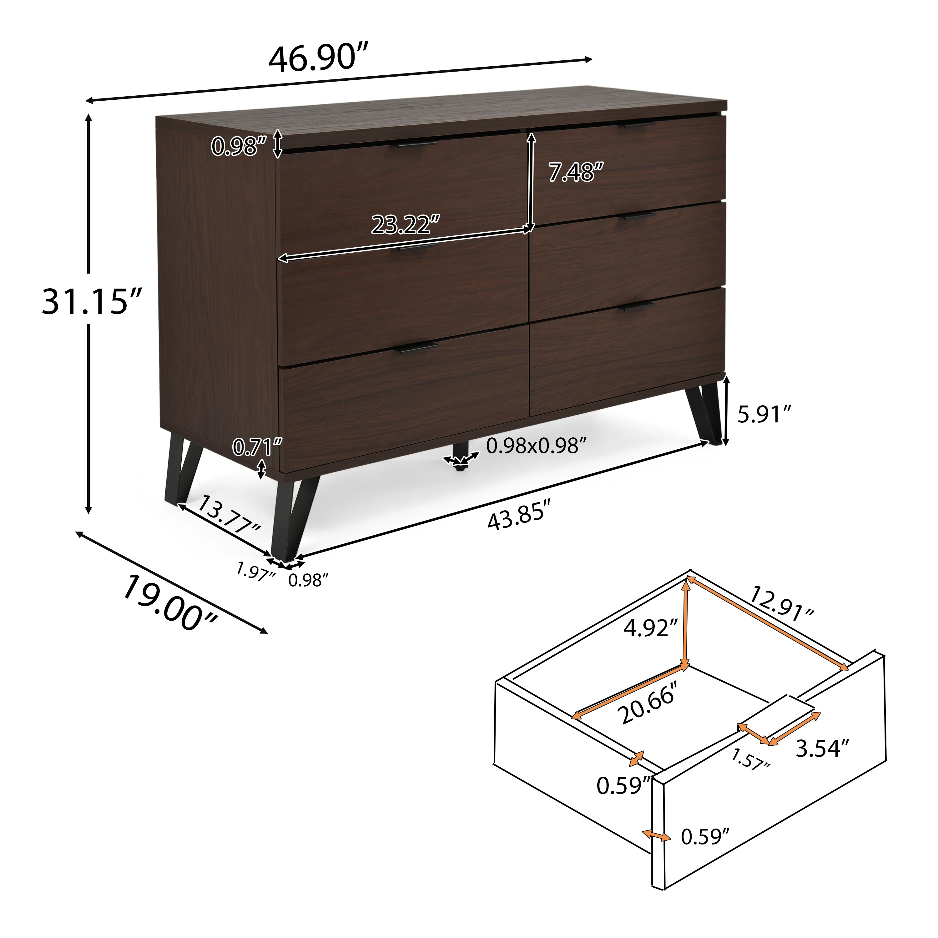 Demijen Modern Industrial 6 Piece Bedroom Set with 5 Drawer Dresser, Walnut and Matte Black - furnishings