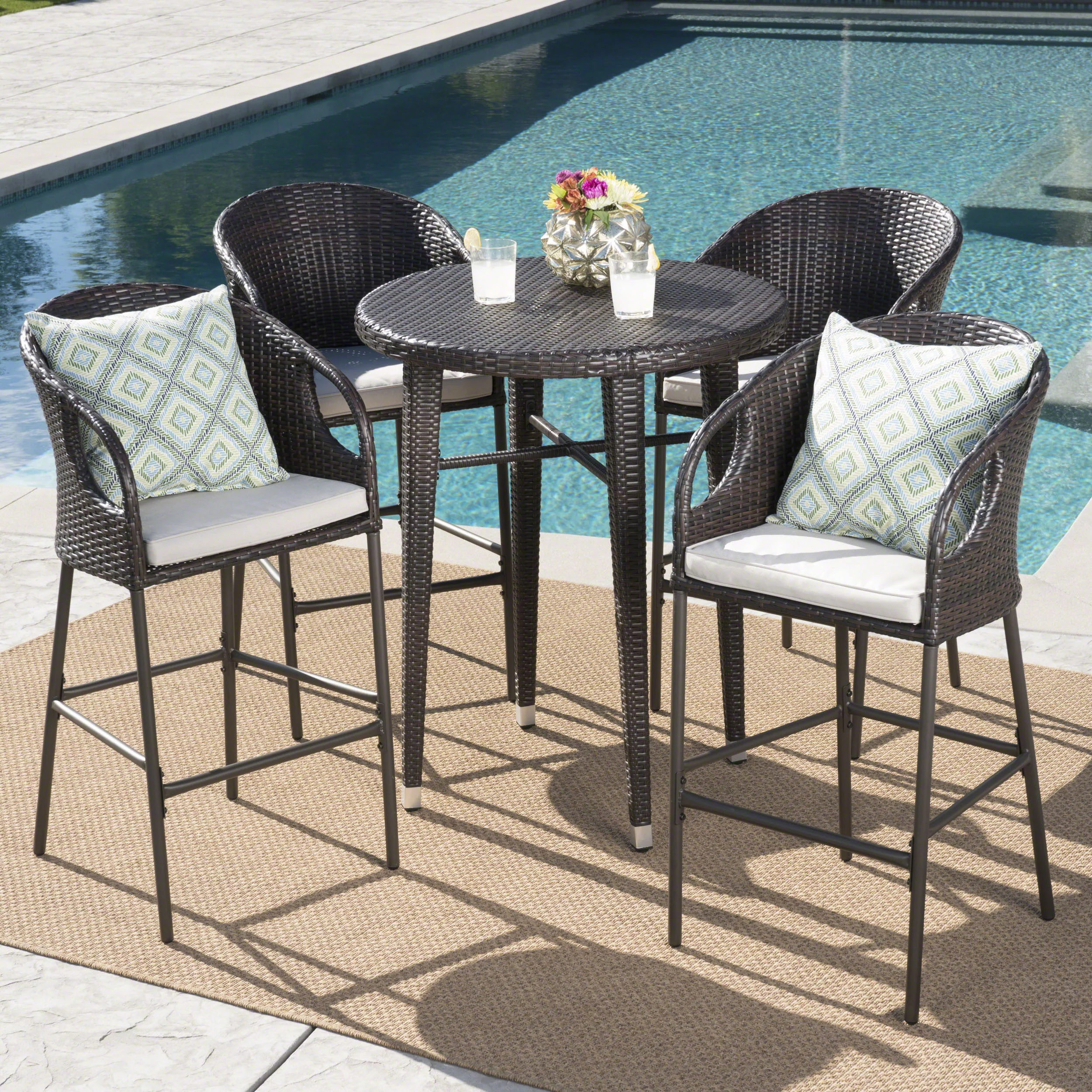 Big Rock Outdoor 5 Piece Wicker Bar Set with Water Resistant Cushions - furnishings